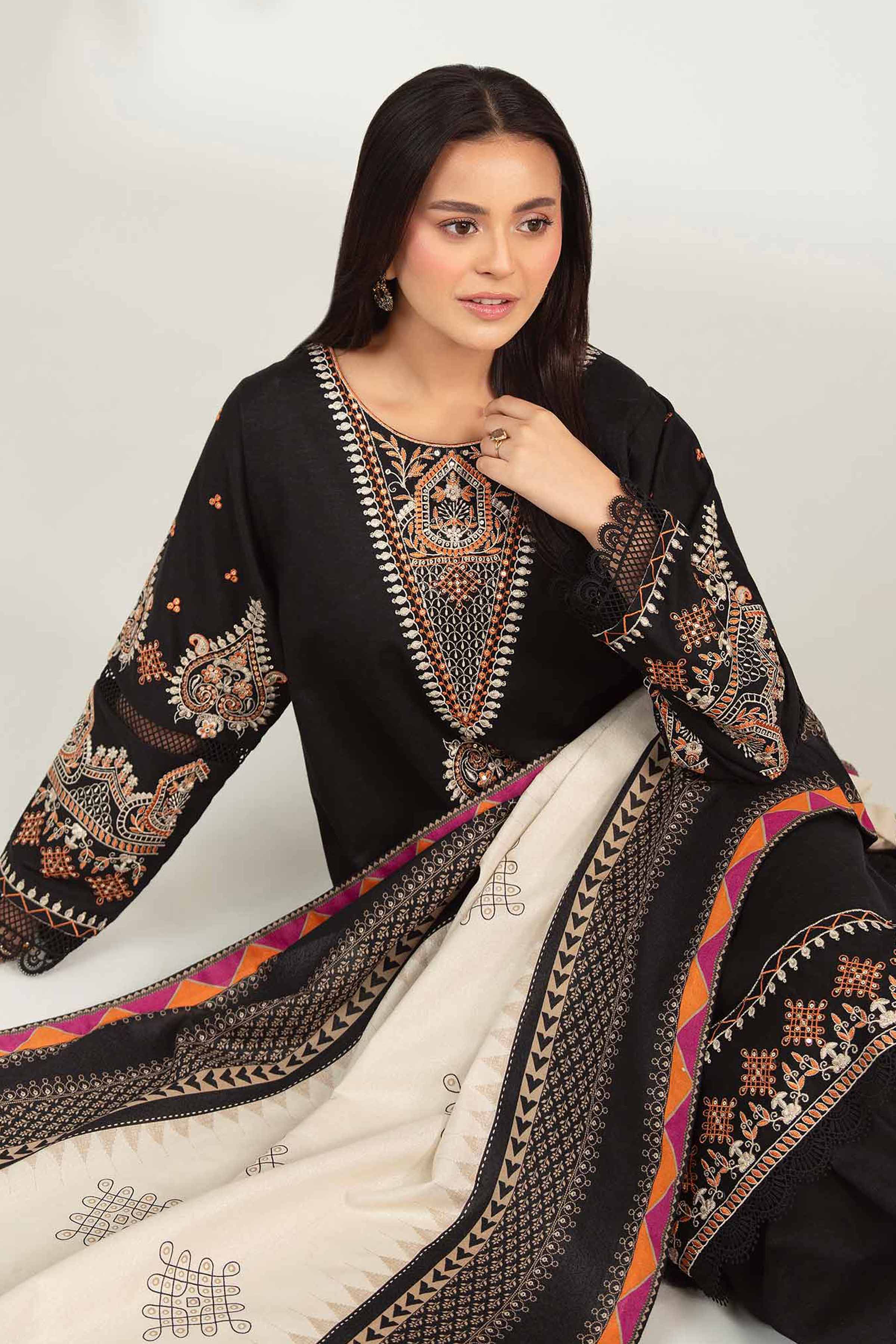 NISHATUAE - Black Embroidered Karandi 3-piece Unstitched Suit