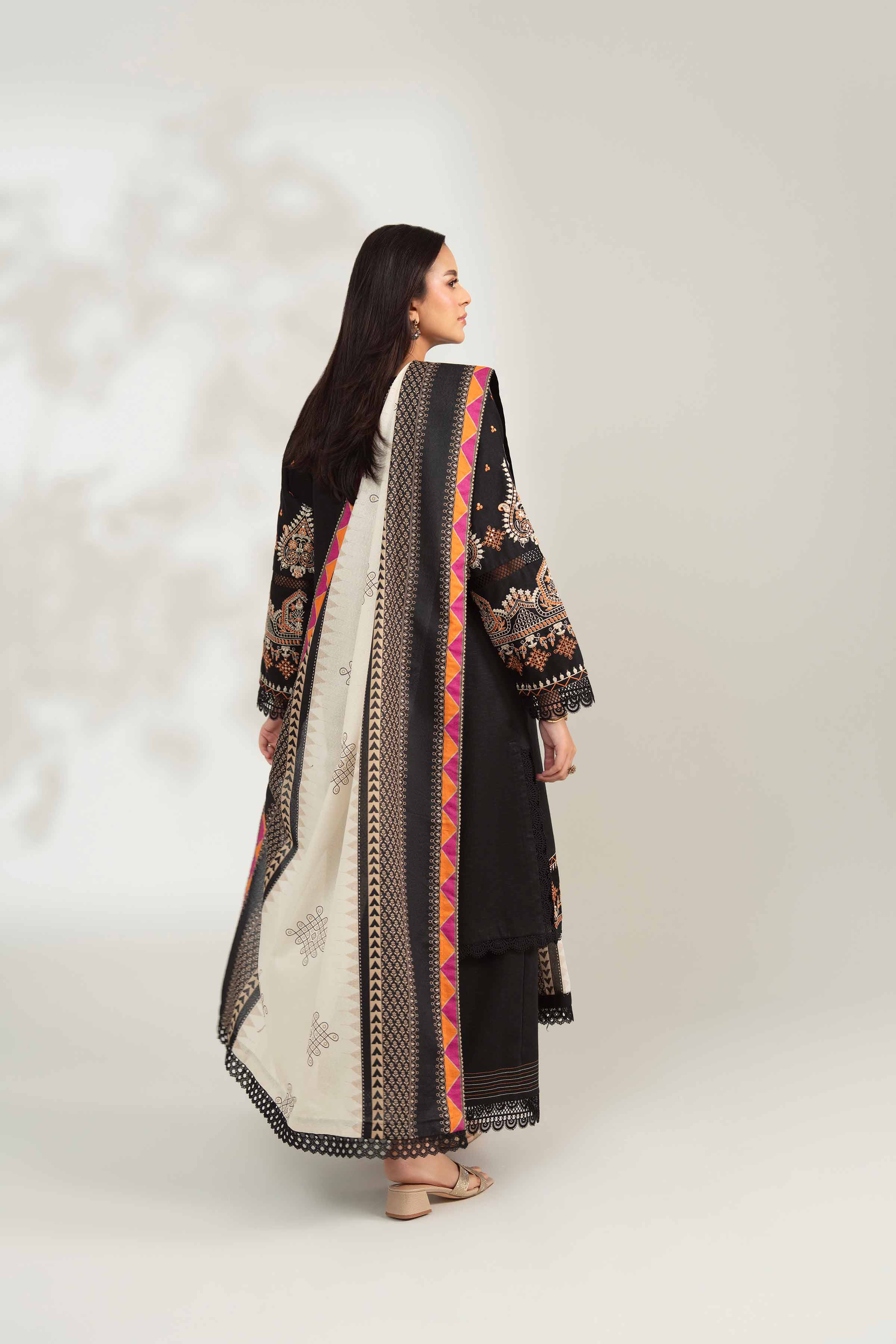 NISHATUAE - Black Embroidered Karandi 3-piece Unstitched Suit