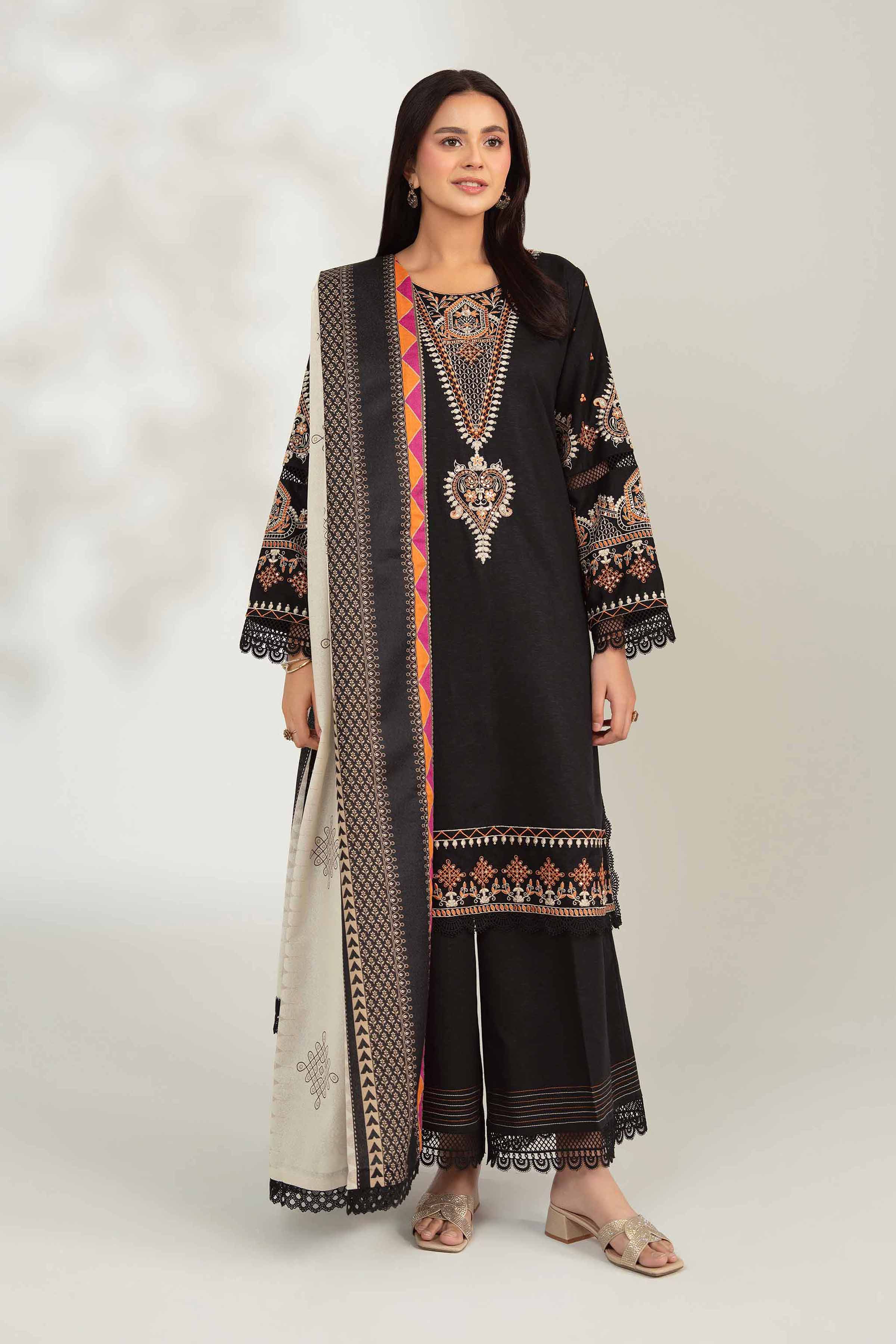 NISHATUAE - Black Embroidered Karandi 3-piece Unstitched Suit