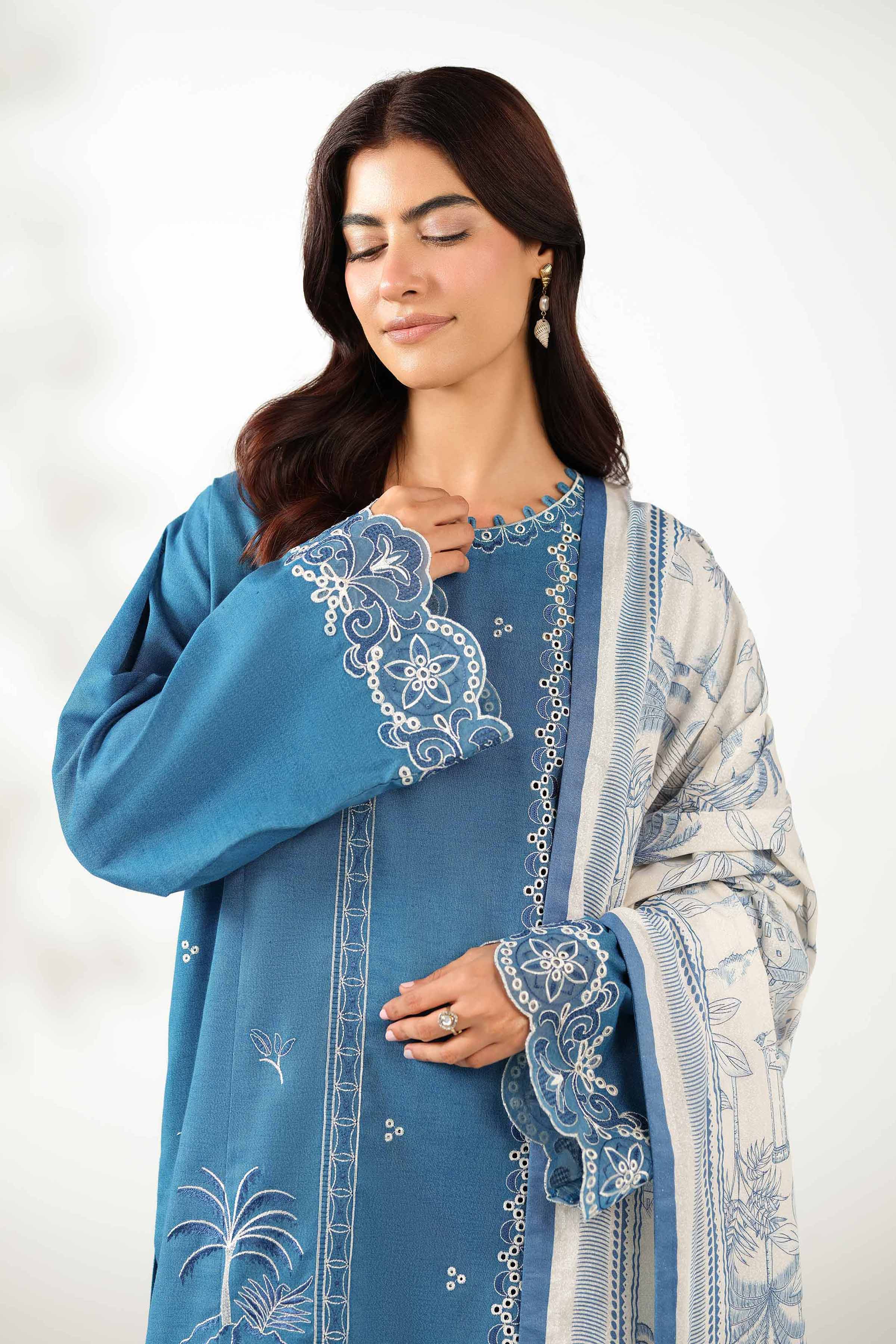 NISHATUAE - Blue Embroidered Karandi 3-piece Unstitched Suit