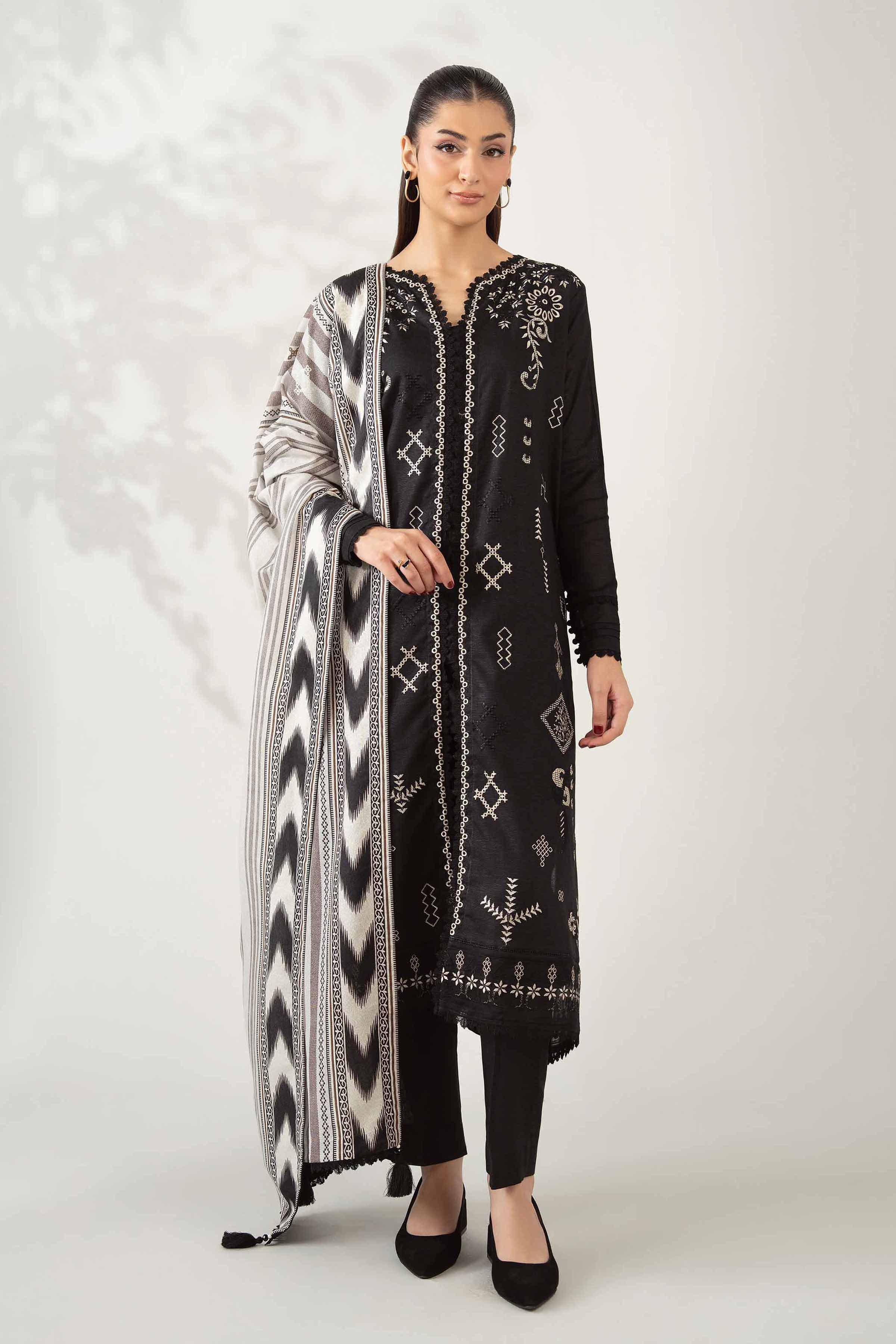 NISHATUAE - Black Embroidered Khaddar 3-piece Unstitched Suit