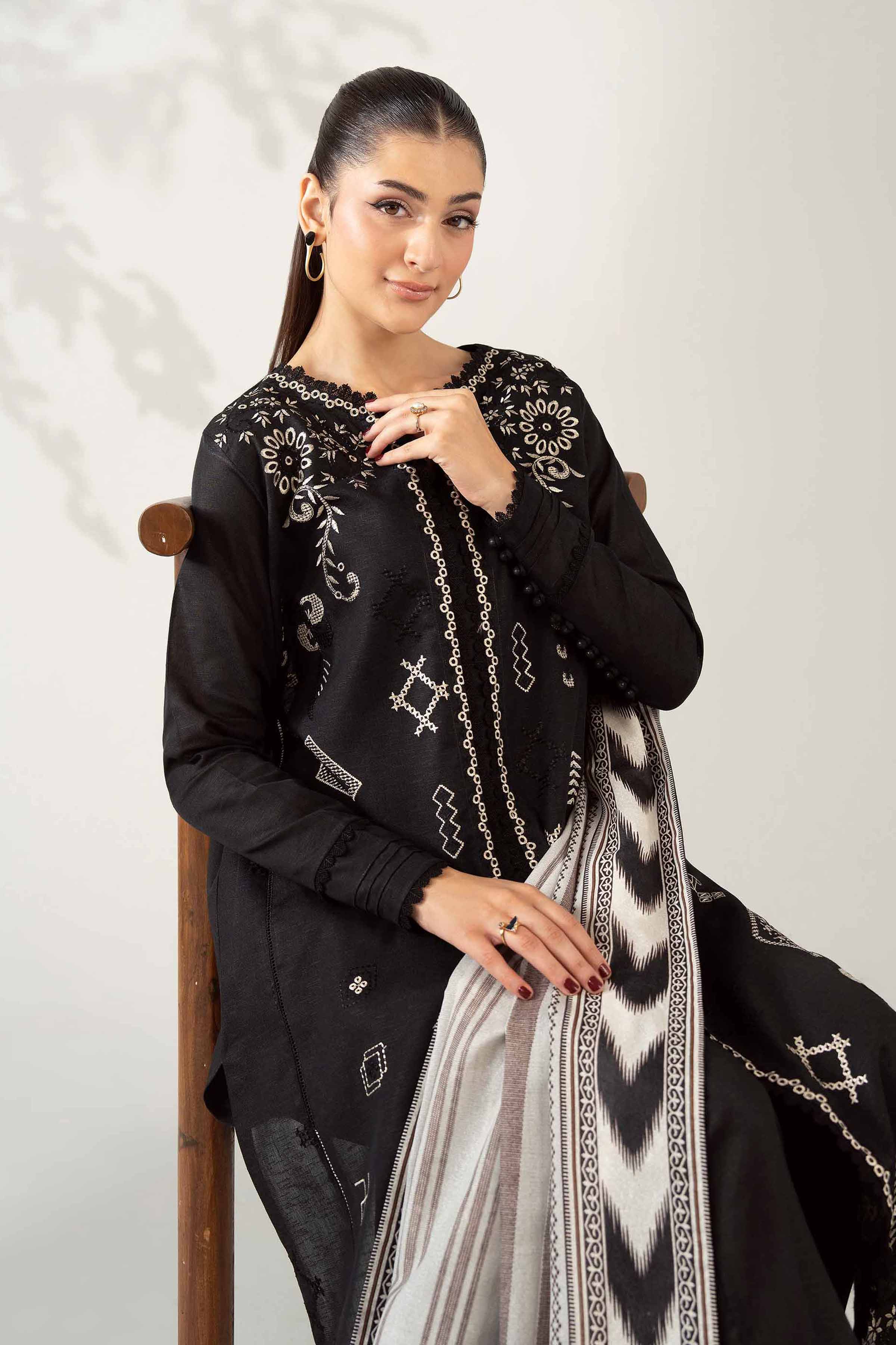 NISHATUAE - Black Embroidered Khaddar 3-piece Unstitched Suit