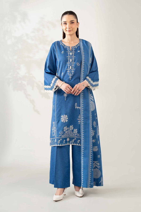 NISHATUAE - Blue Embroidered Karandi 3-piece Unstitched Suit