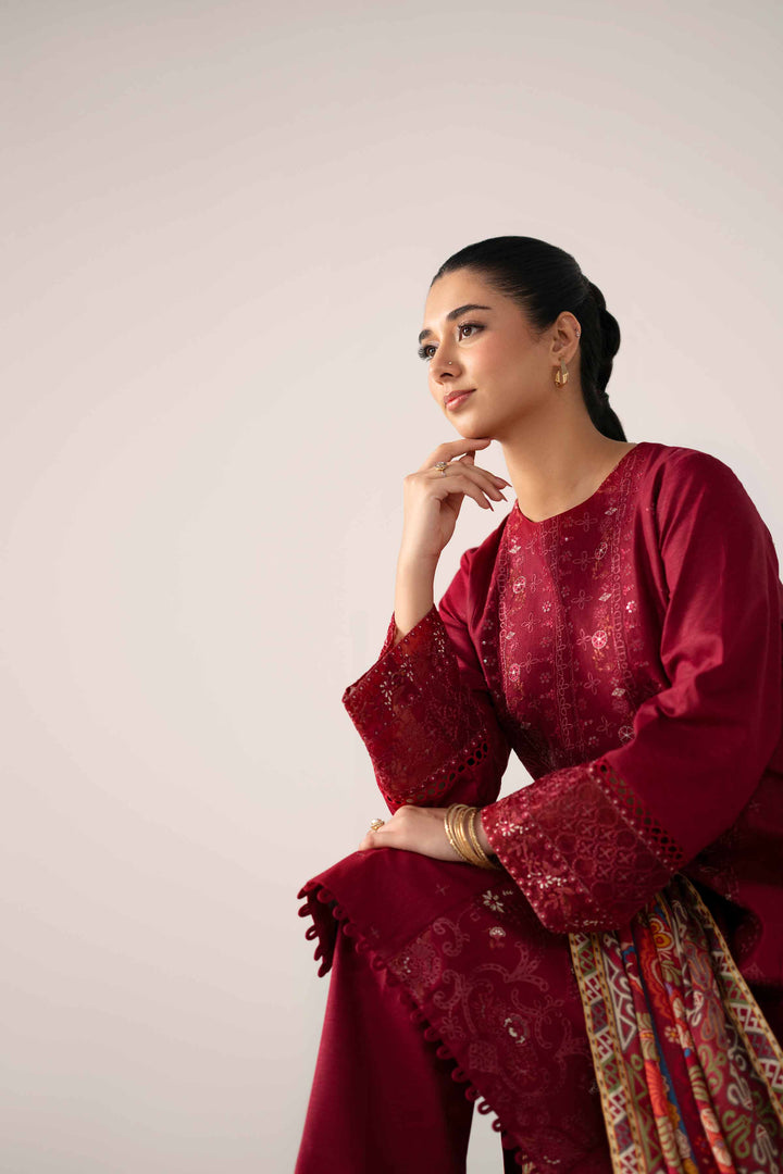NishatUAE -  Maroon Embroidered Karandi 3-piece Unstitched Suit