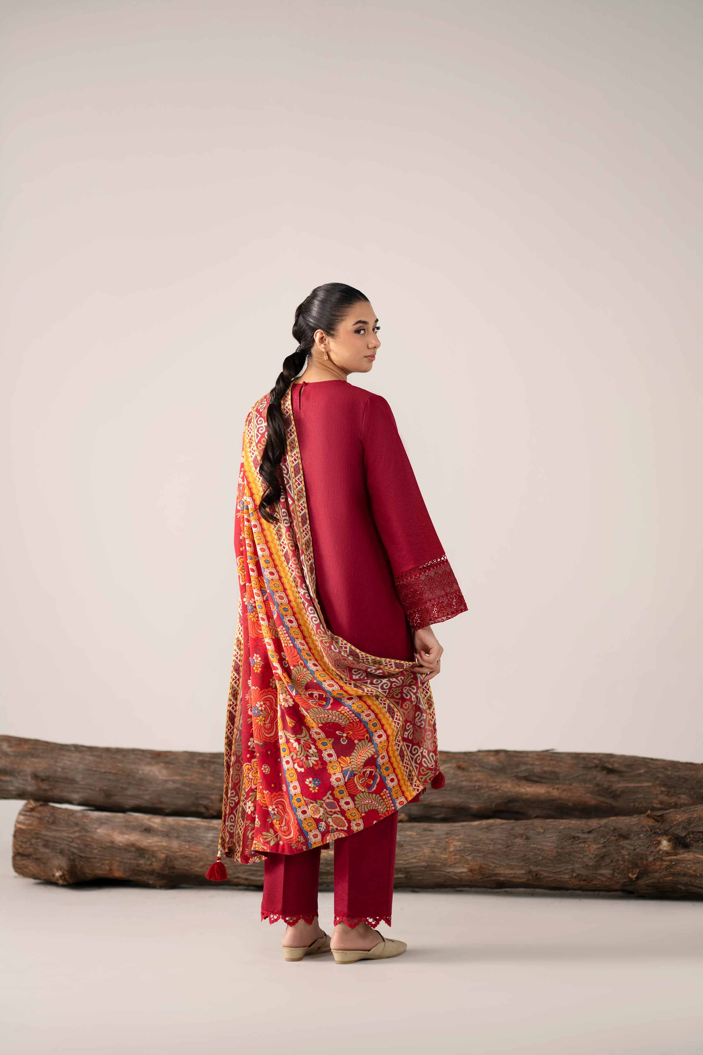 NishatUAE -  Maroon Embroidered Karandi 3-piece Unstitched Suit