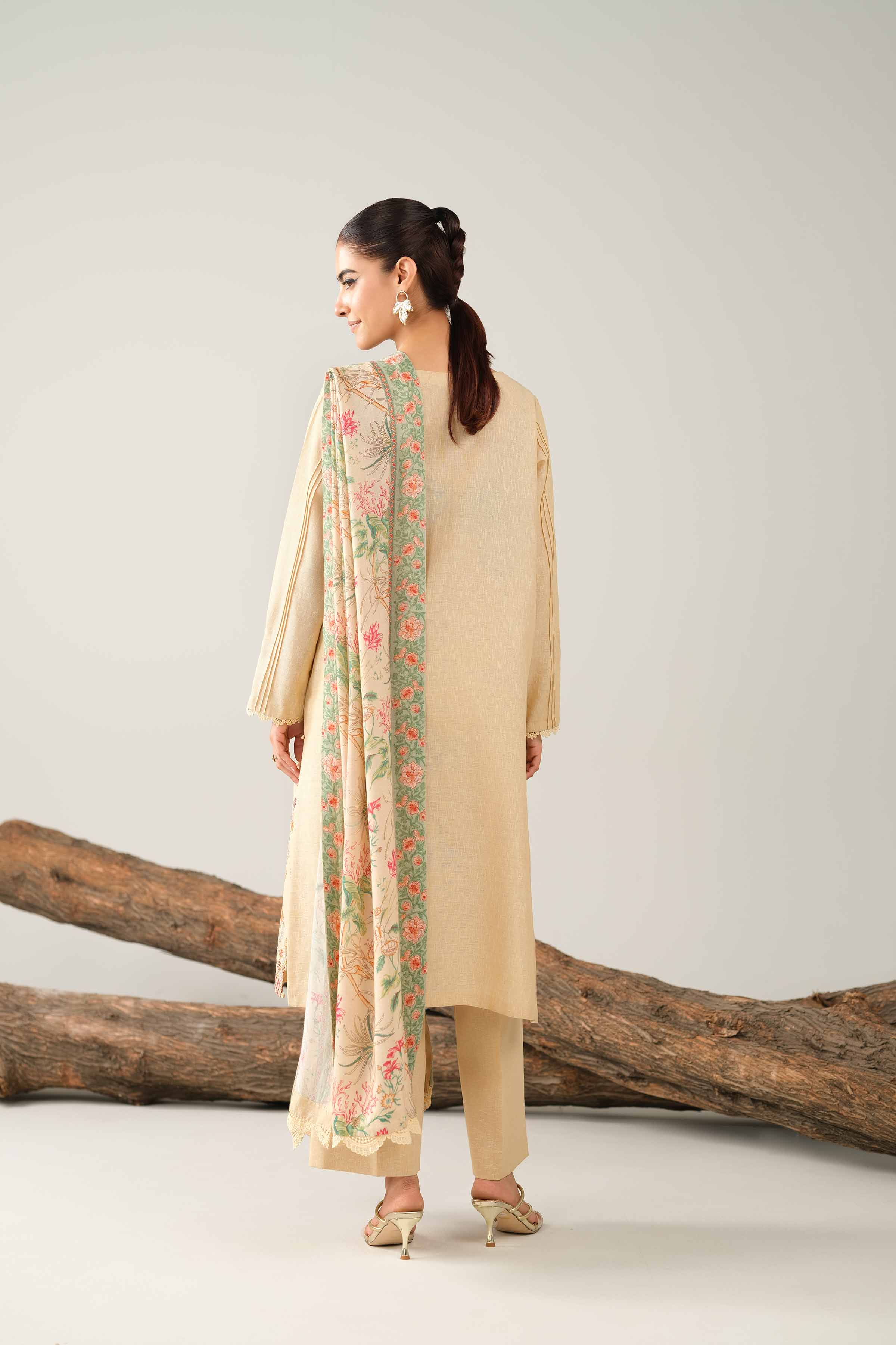 NishatUAE -  Beige Embroidered Karandi 3-piece Unstitched Suit