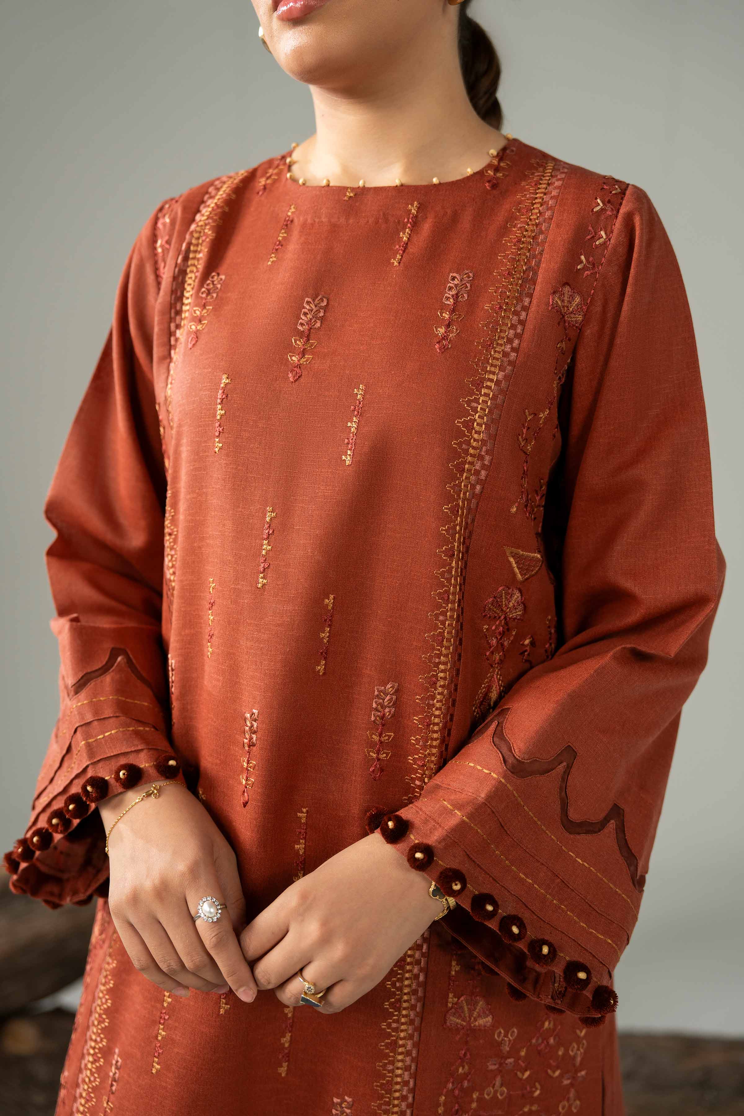 NishatUAE -  Orange Embroidered Karandi 3-piece Unstitched Suit