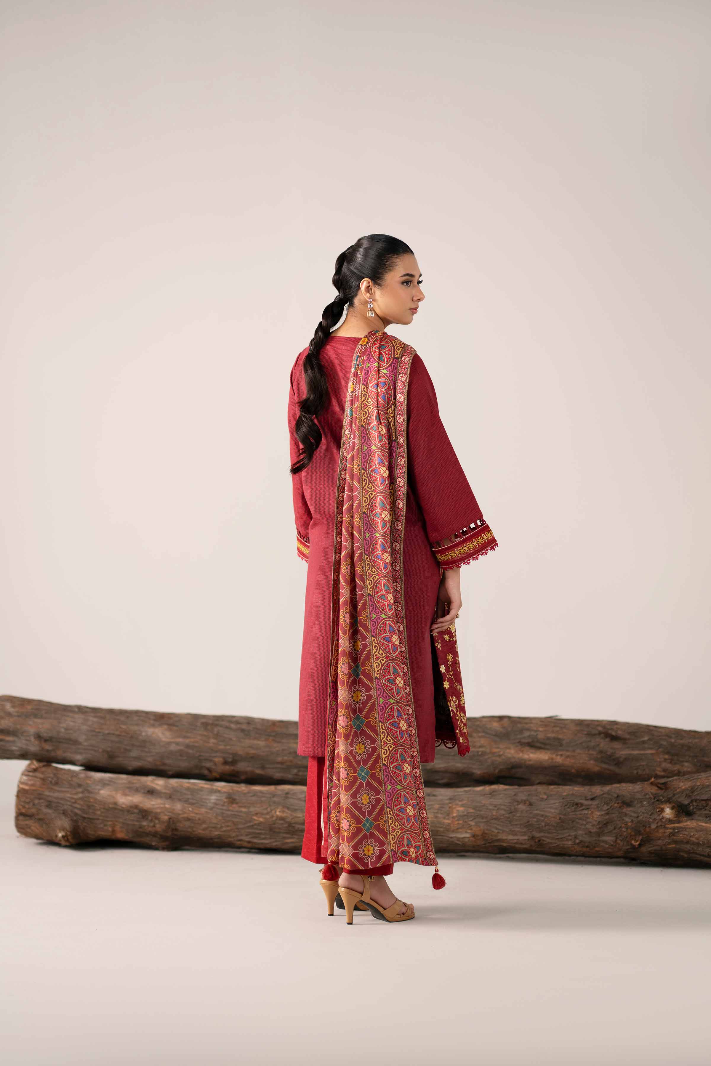 NishatUAE -  Multi & Bright Red Embroidered Karandi 3-piece Unstitched Suit