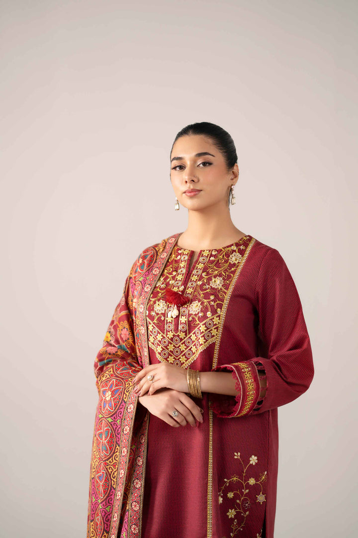 NishatUAE -  Multi & Bright Red Embroidered Karandi 3-piece Unstitched Suit