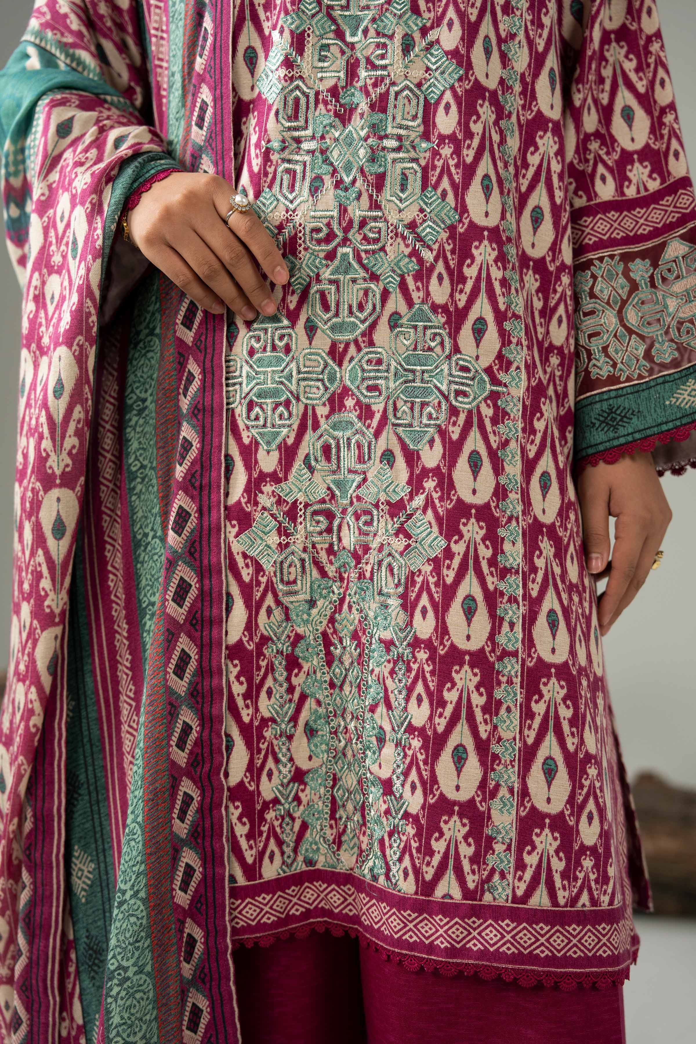 NishatUAE -  Burgundy & Beige Embroidered Karandi 3-piece Unstitched Suit