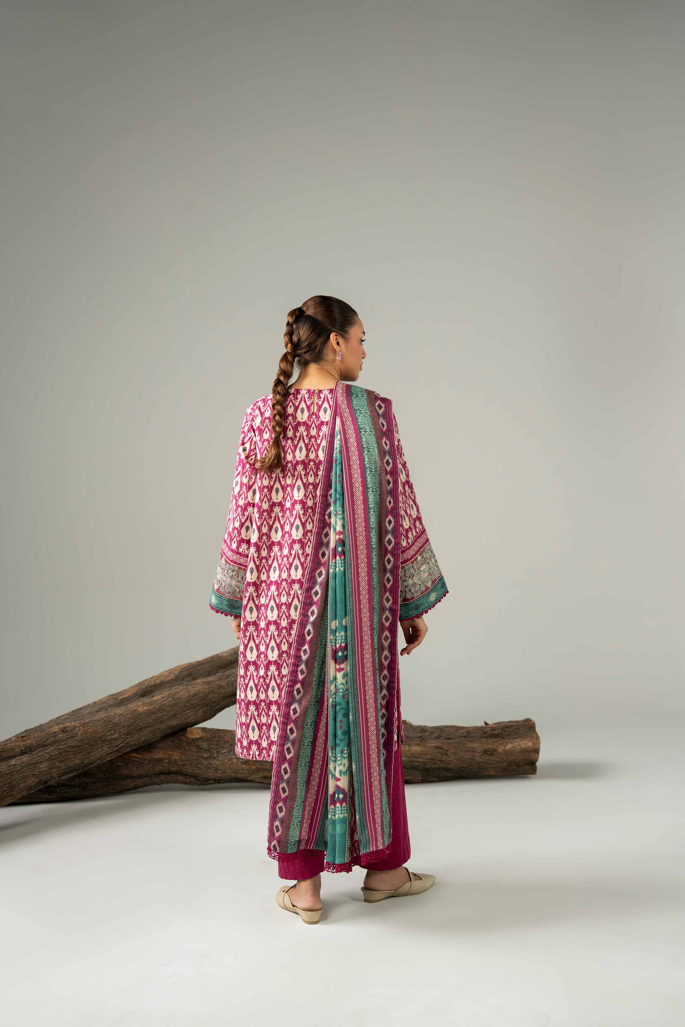 NishatUAE -  Burgundy & Beige Embroidered Karandi 3-piece Unstitched Suit