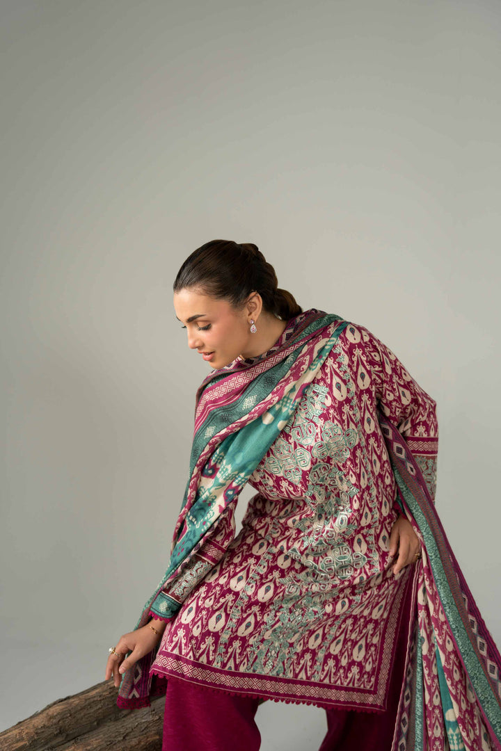 NishatUAE -  Burgundy & Beige Embroidered Karandi 3-piece Unstitched Suit