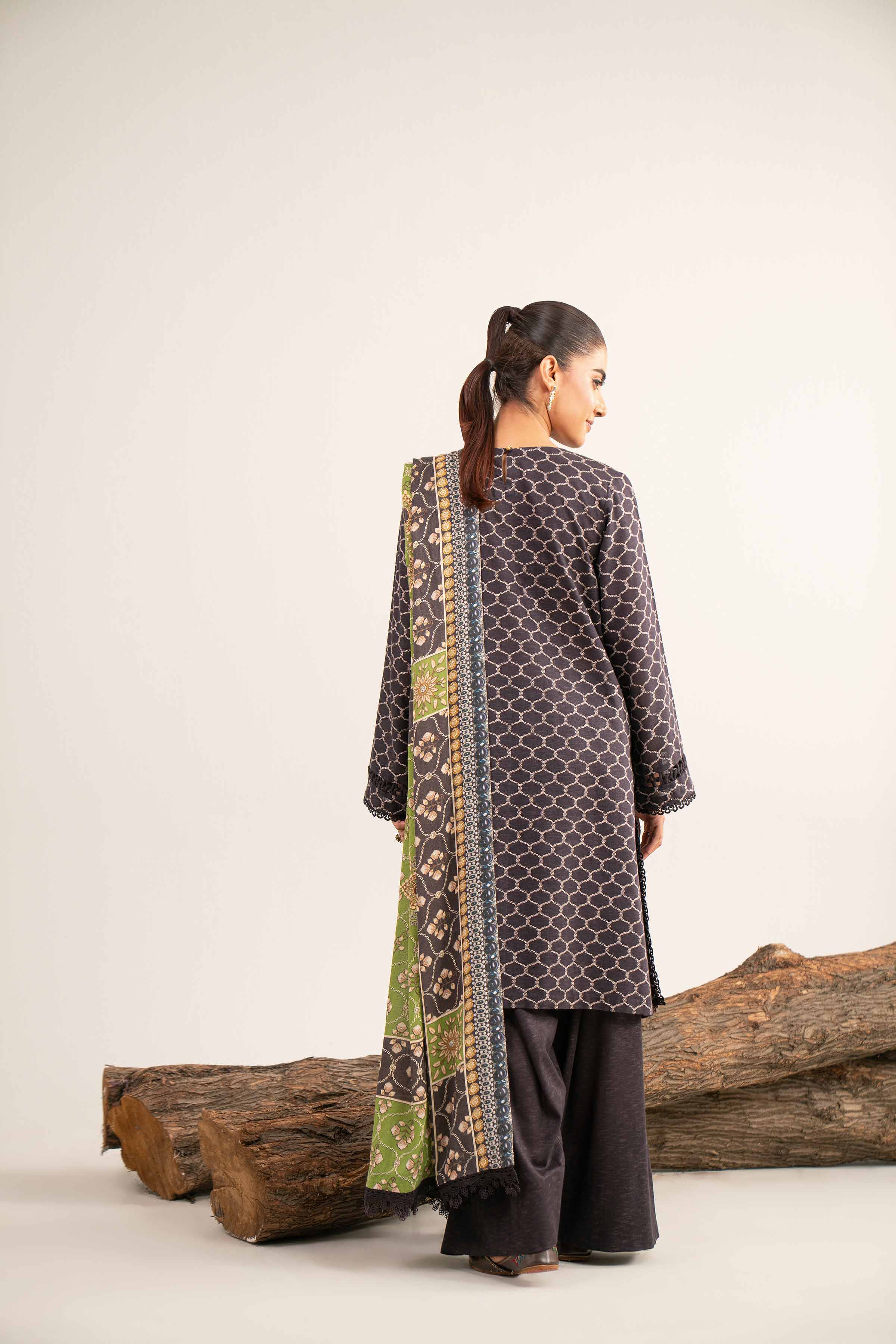 NishatUAE -  Brown & Green Embroidered Karandi 3-piece Unstitched Suit