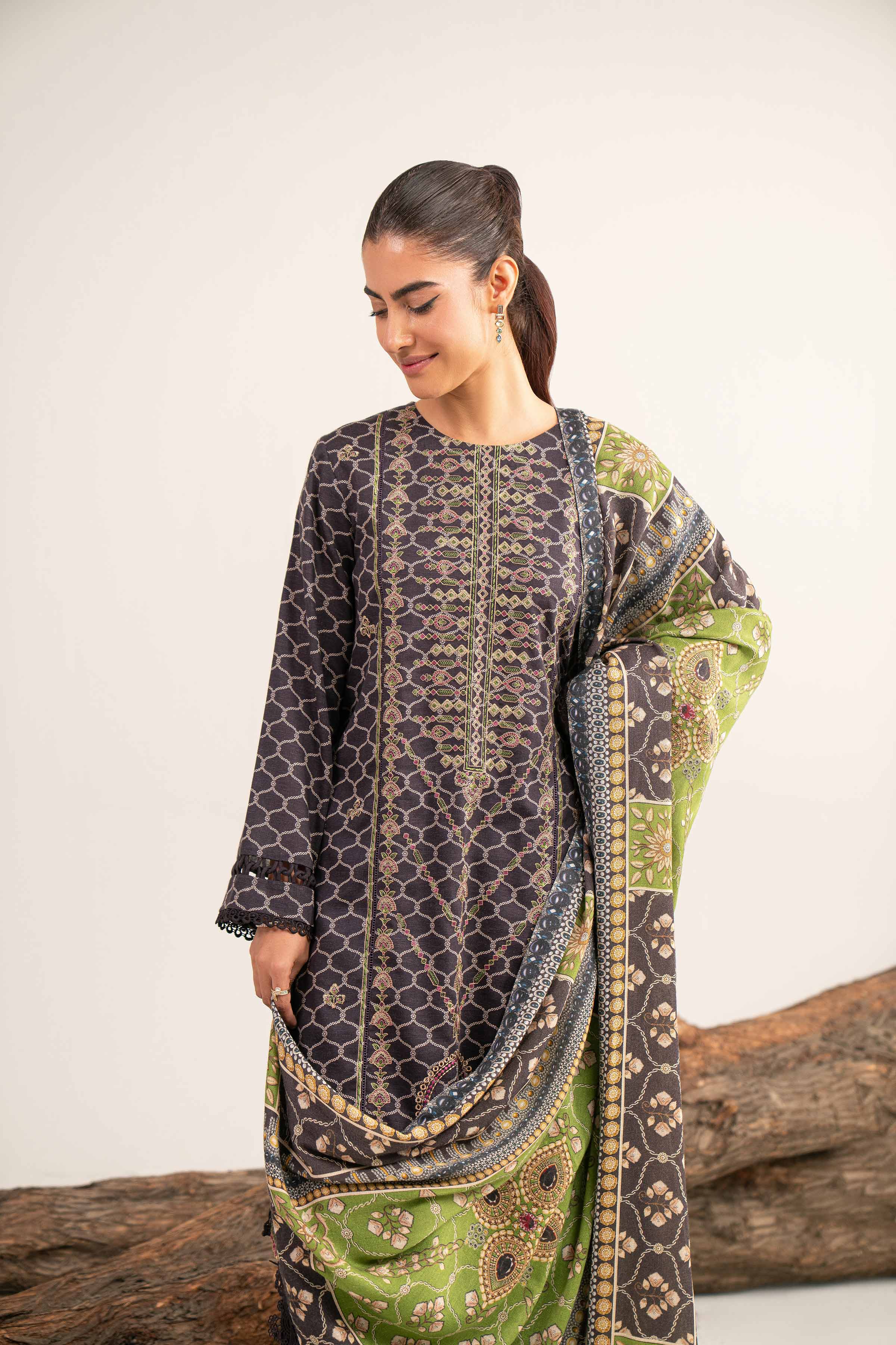 NishatUAE -  Brown & Green Embroidered Karandi 3-piece Unstitched Suit