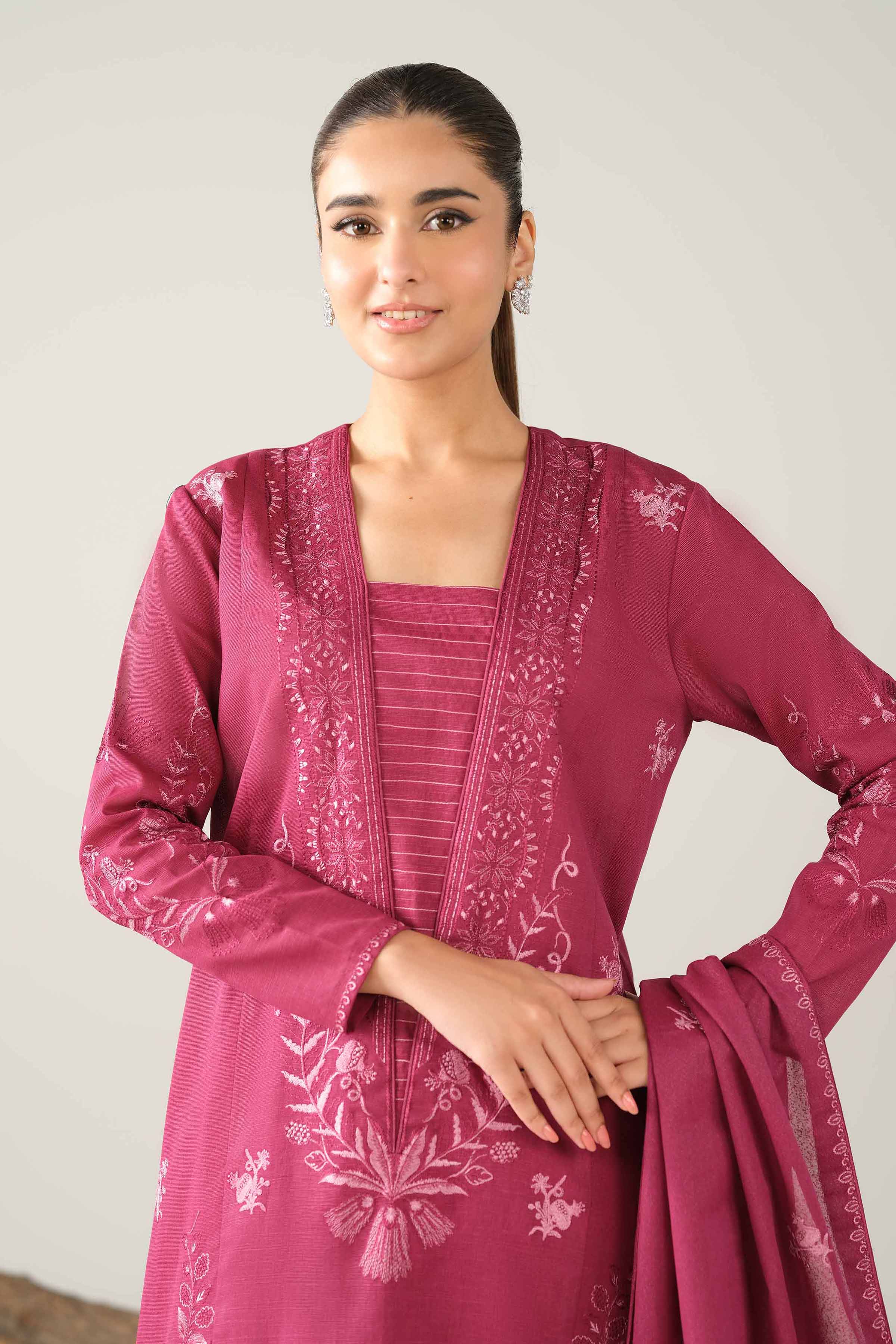 NishatUAE - Burgundy Embroidered Khaddar 3-piece Unstitched Suit