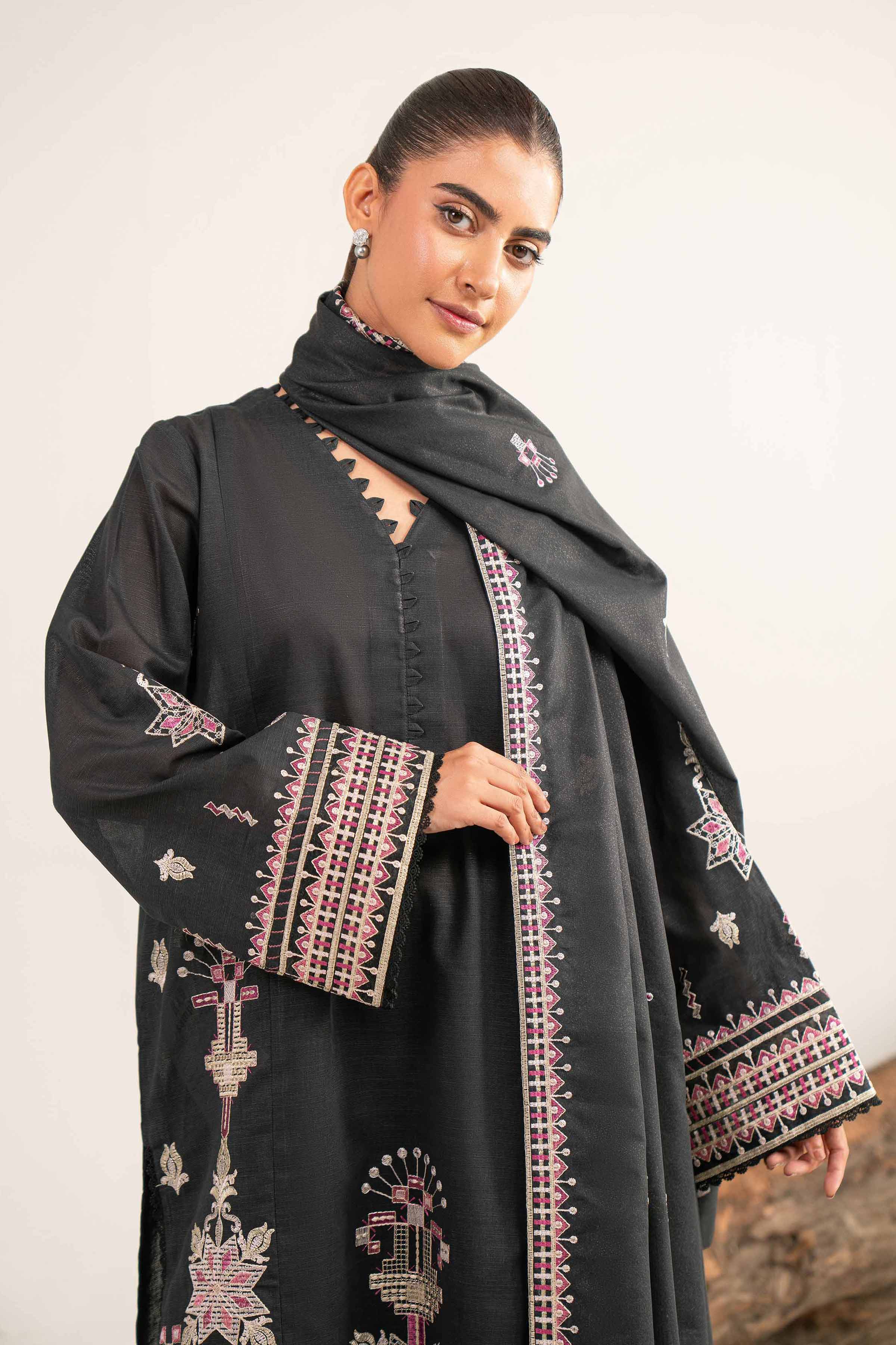 NishatUAE -  Black Embroidered Khaddar 3-piece Unstitched Suit