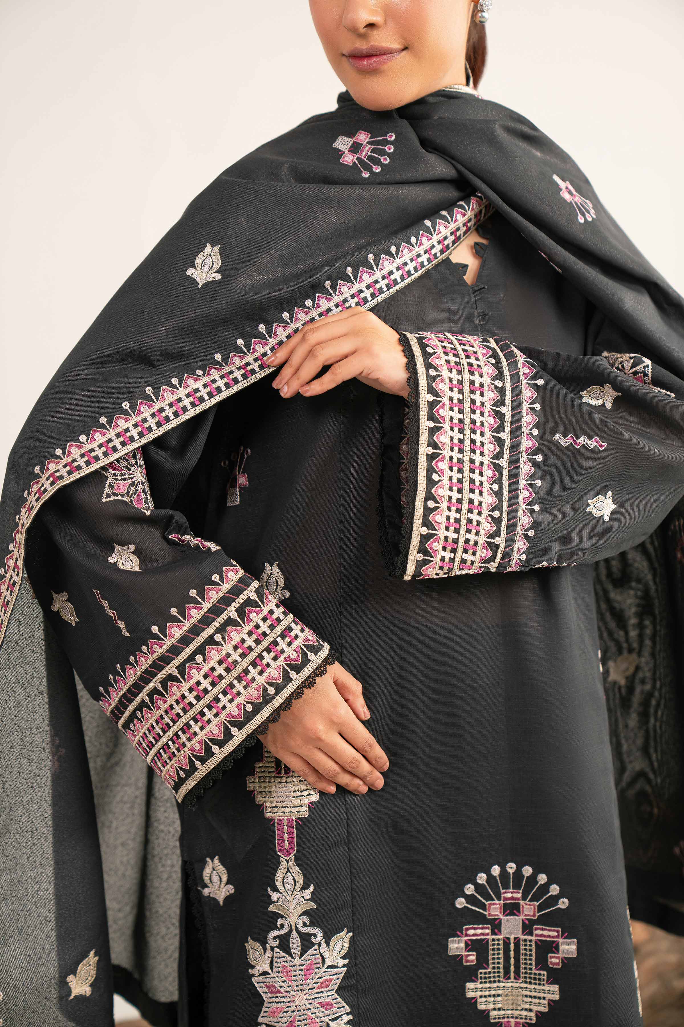 NishatUAE -  Black Embroidered Khaddar 3-piece Unstitched Suit