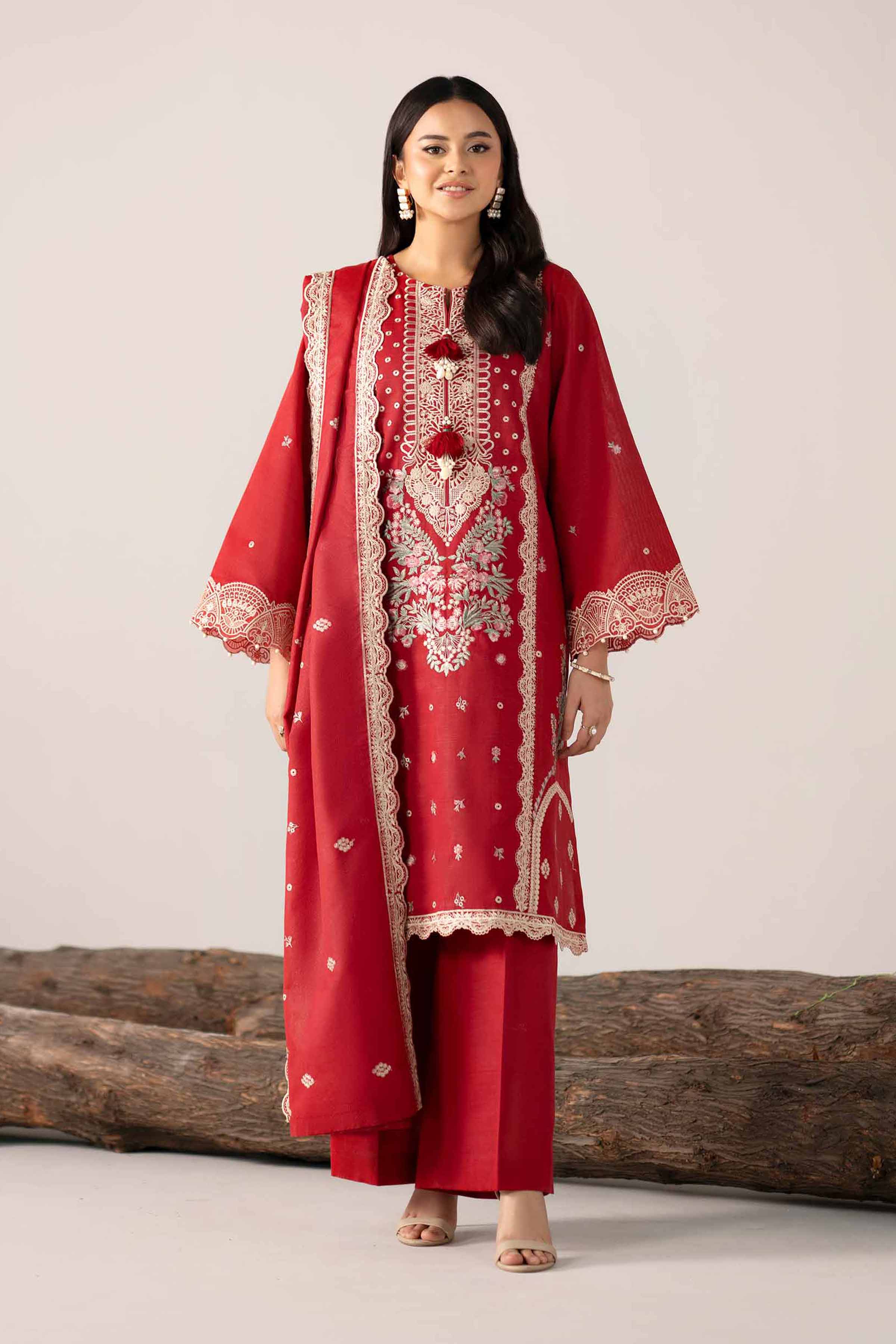 NishatUAE - Red Embroidered Khaddar 3-piece Unstitched Suit