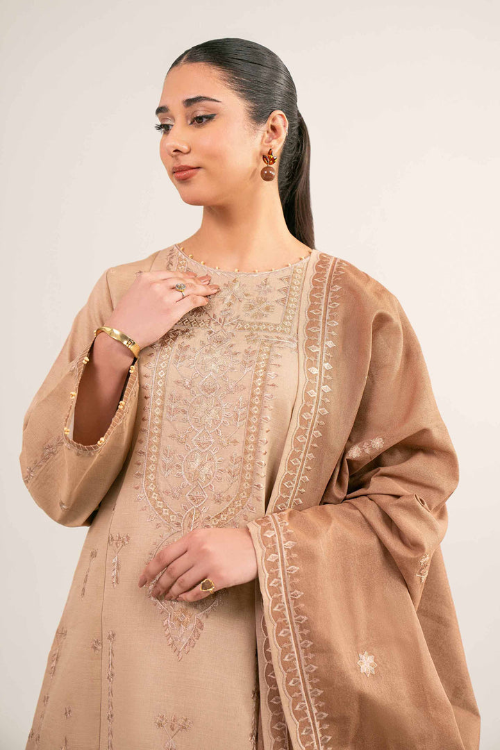 NishatUAE -  Brown & Beige Embroidered Khaddar 3-piece Unstitched Suit