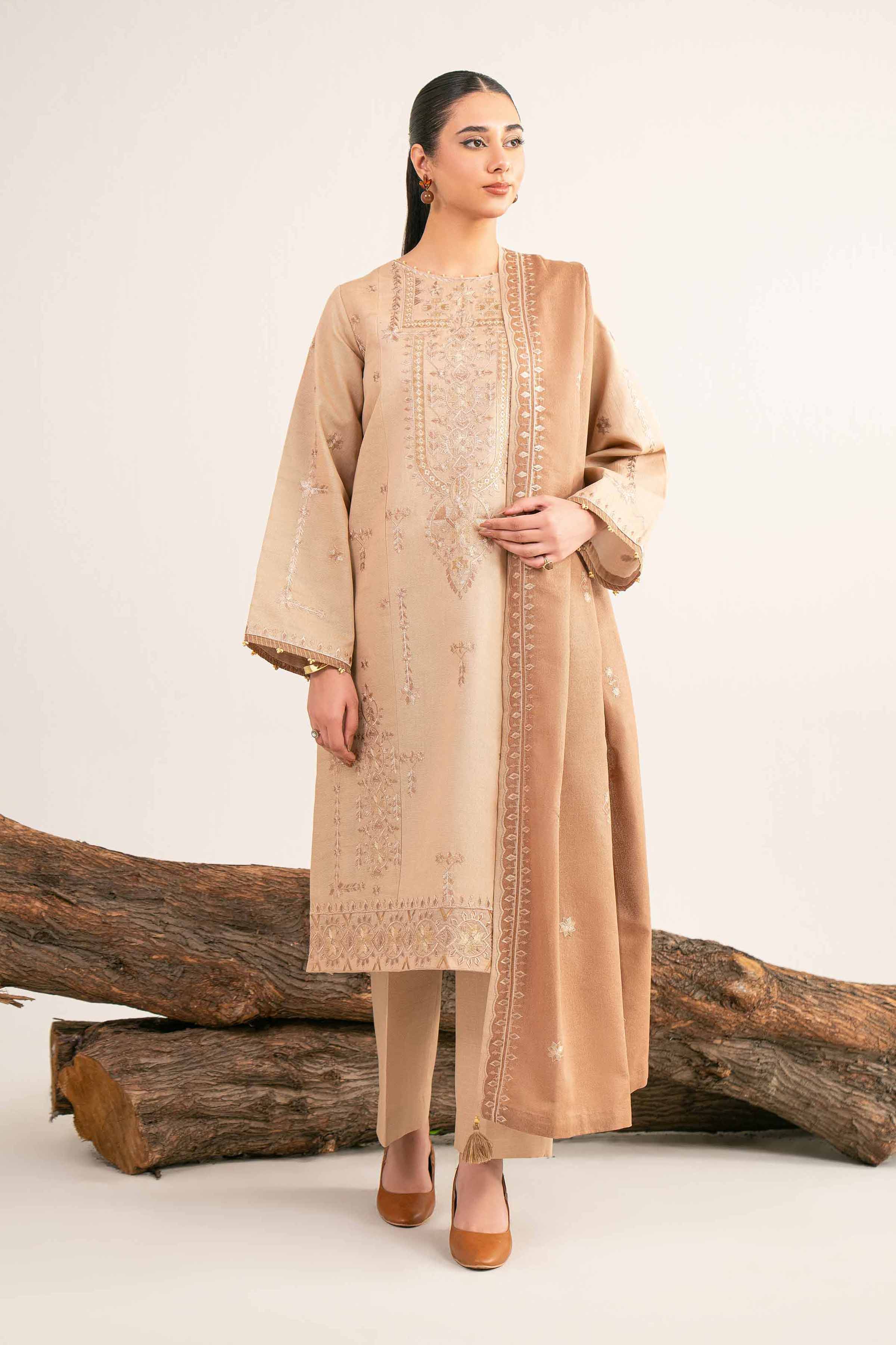 NishatUAE -  Brown & Beige Embroidered Khaddar 3-piece Unstitched Suit
