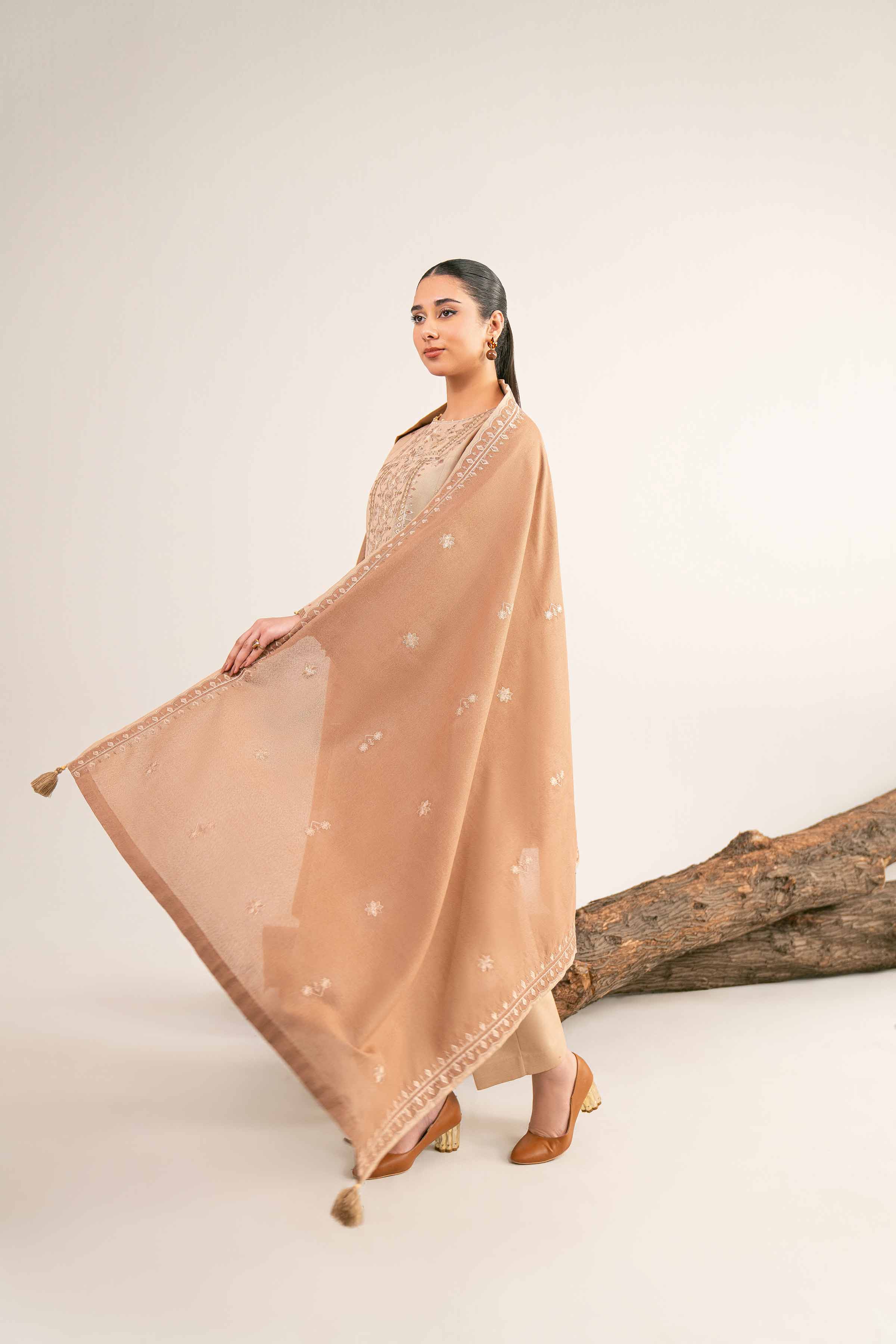 NishatUAE -  Brown & Beige Embroidered Khaddar 3-piece Unstitched Suit