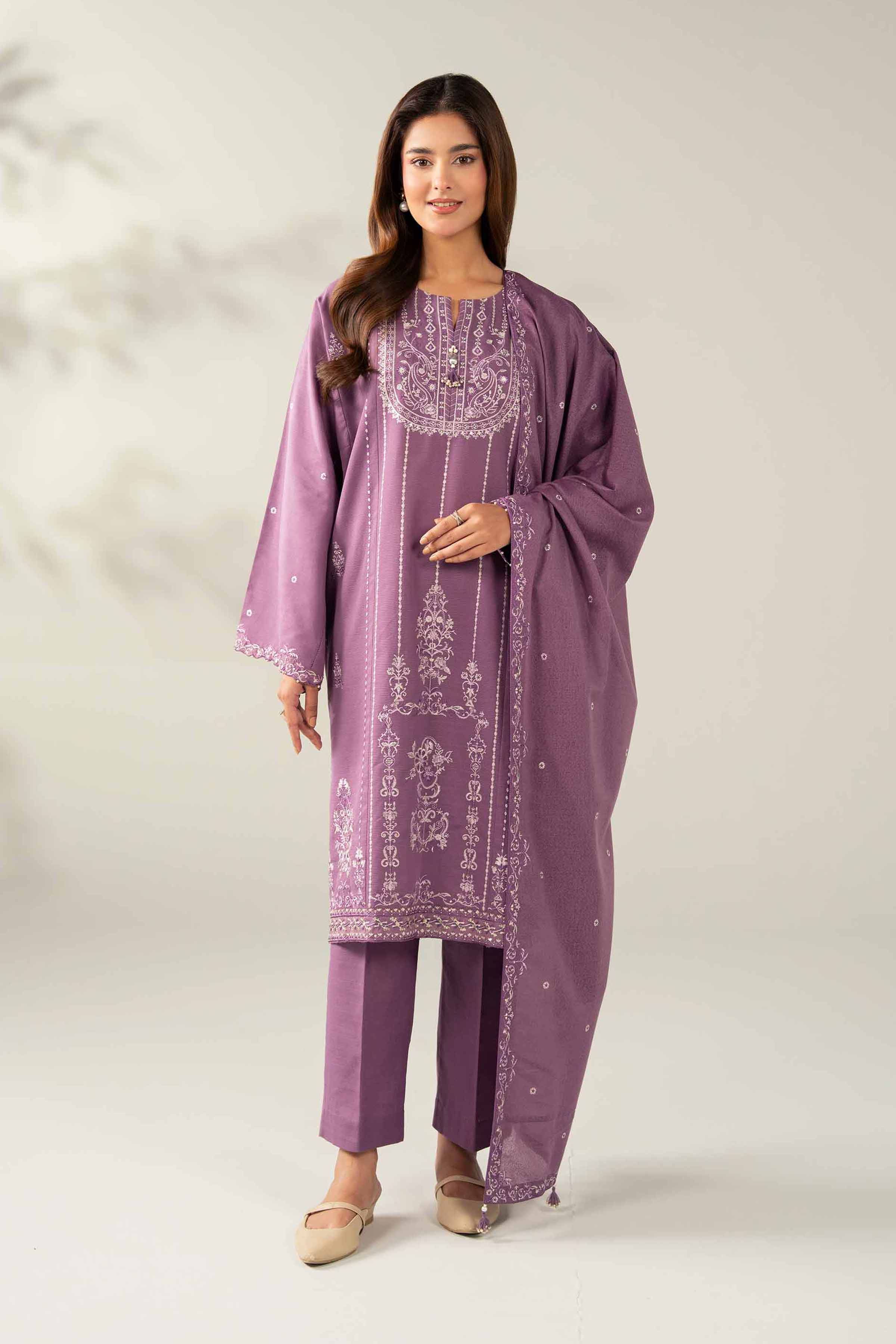 NishatUAE - Purple Embroidered Khaddar 3-piece Unstitched Suit