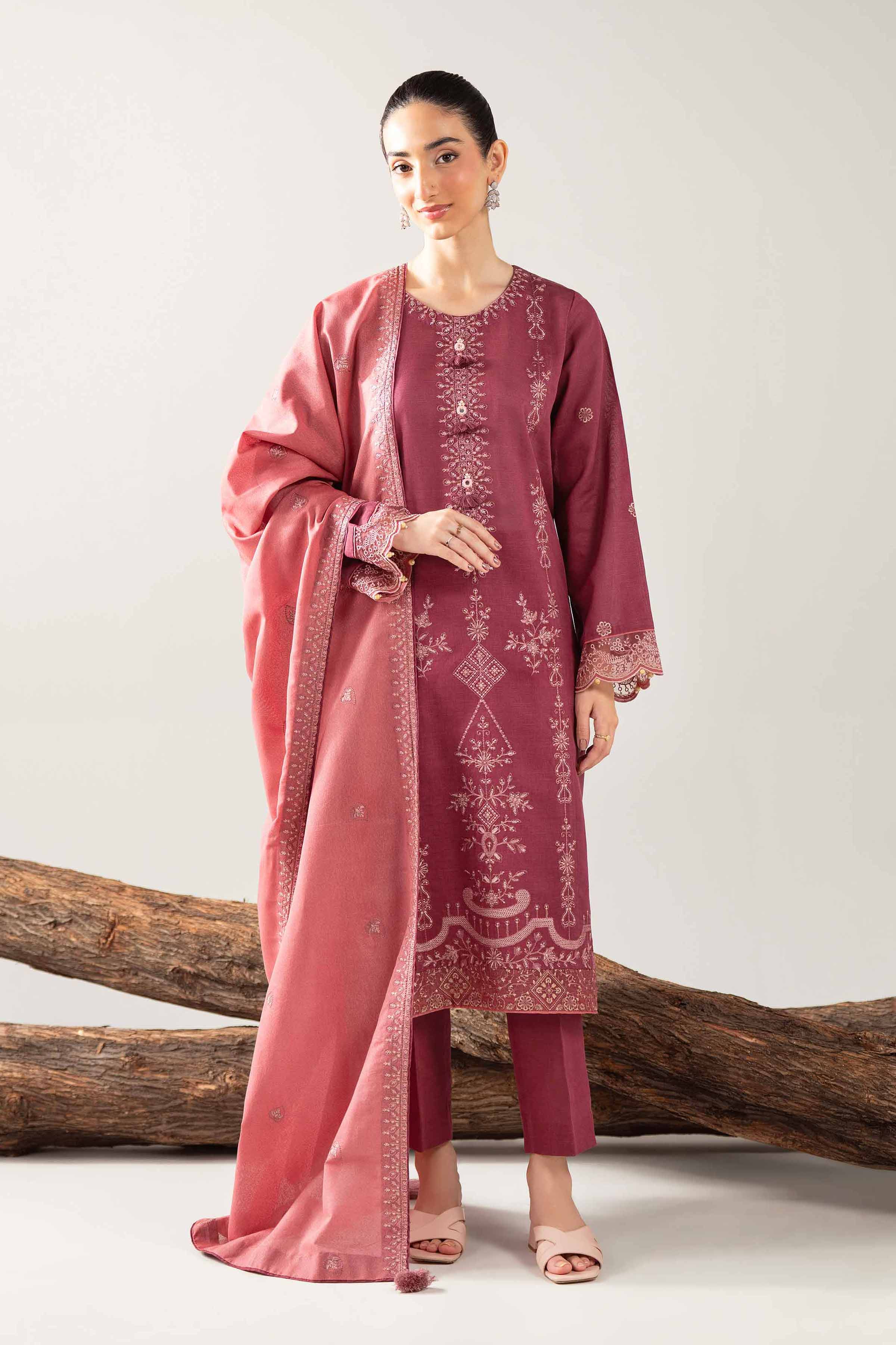 NishatUAE - Maroon Embroidered Khaddar 3-piece Unstitched Suit