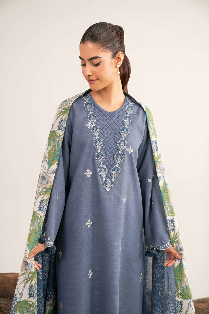 NishatUAE -  Blue & Off White Embroidered Khaddar 3-piece Unstitched Suit