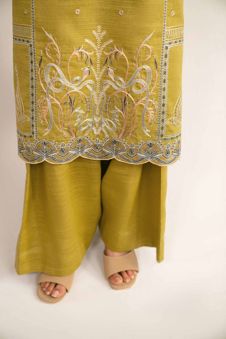 NishatUAE -  Olive Yellow & Off White Embroidered Khaddar 3-piece Unstitched Suit