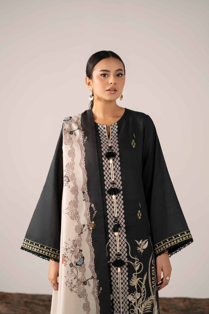 NishatUAE -  Black & Off White Embroidered Khaddar 3-piece Unstitched Suit