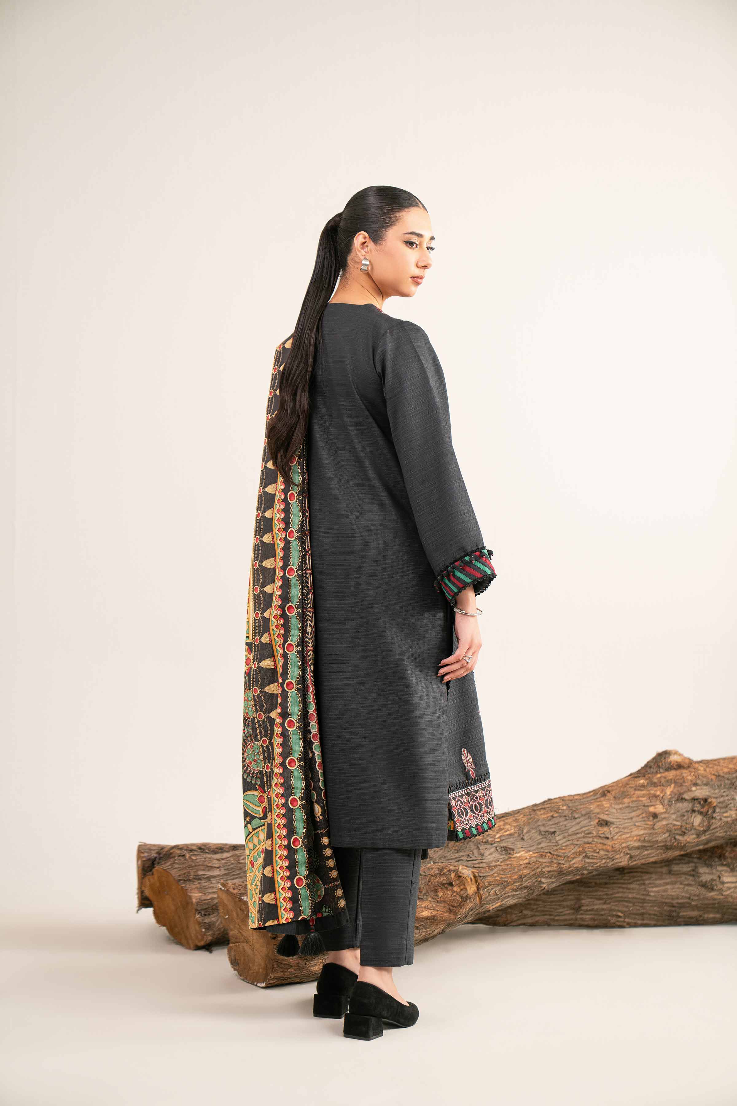 NishatUAE -  Black Embroidered Khaddar 3-piece Unstitched Suit