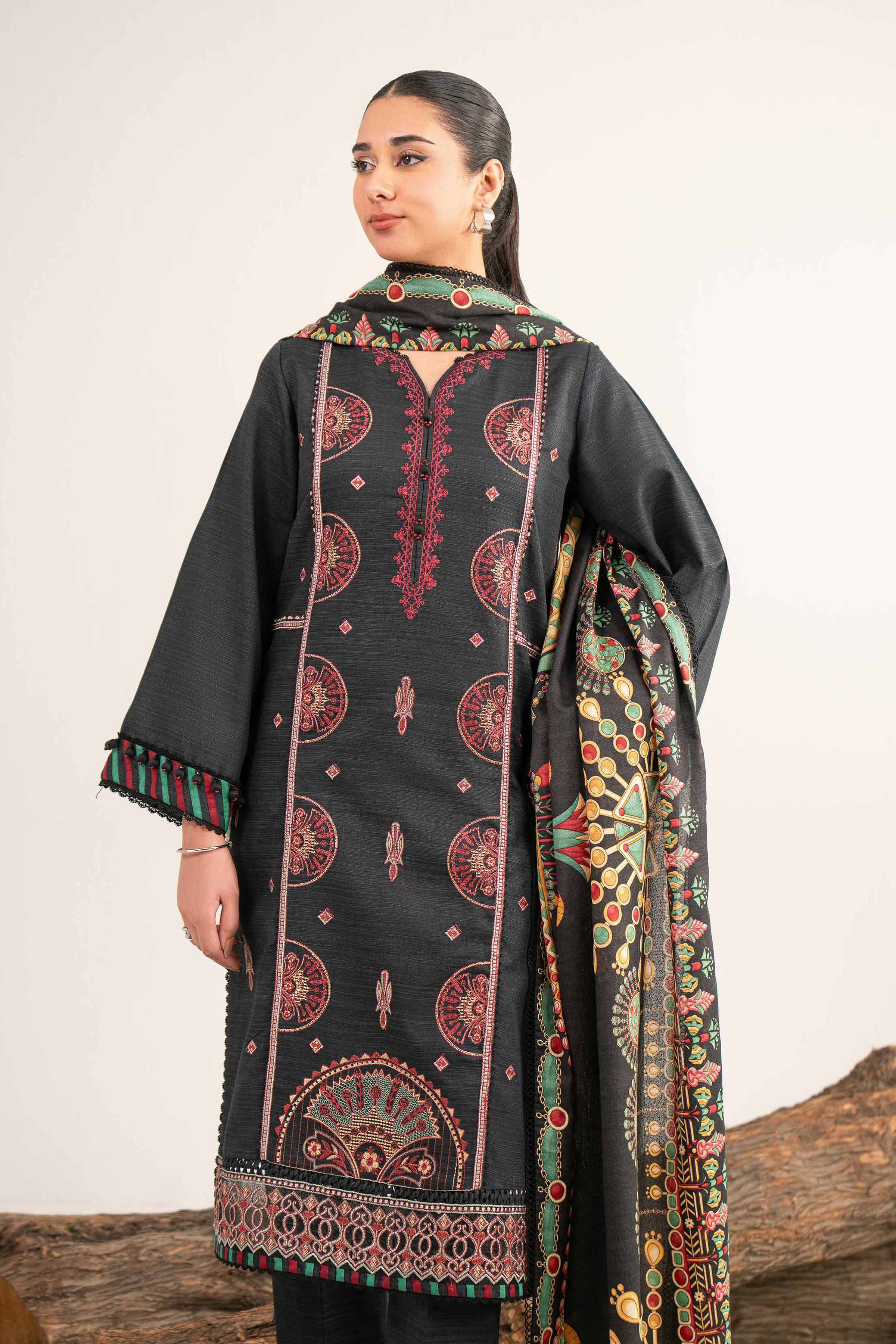 NishatUAE -  Black Embroidered Khaddar 3-piece Unstitched Suit