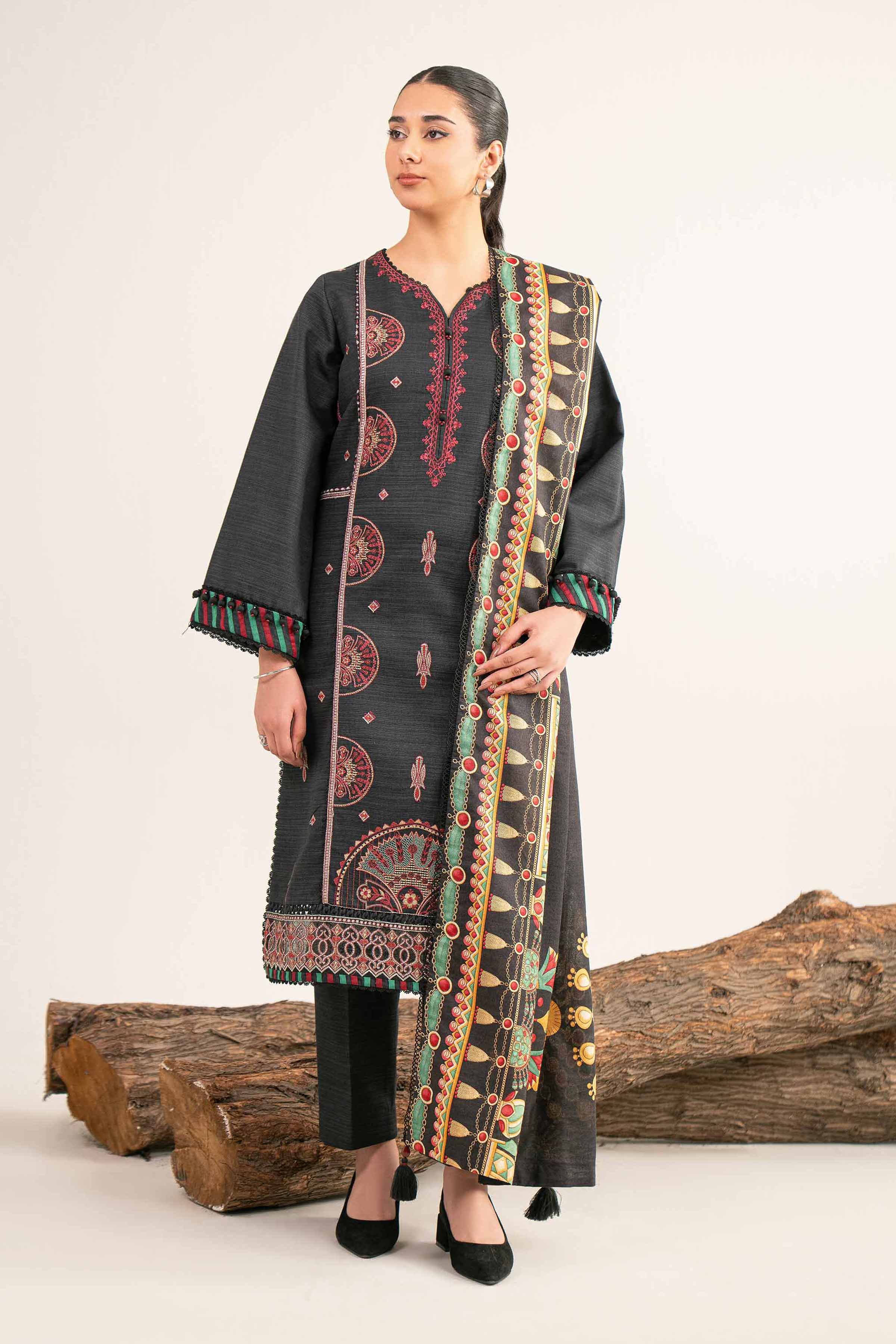 NishatUAE -  Black Embroidered Khaddar 3-piece Unstitched Suit