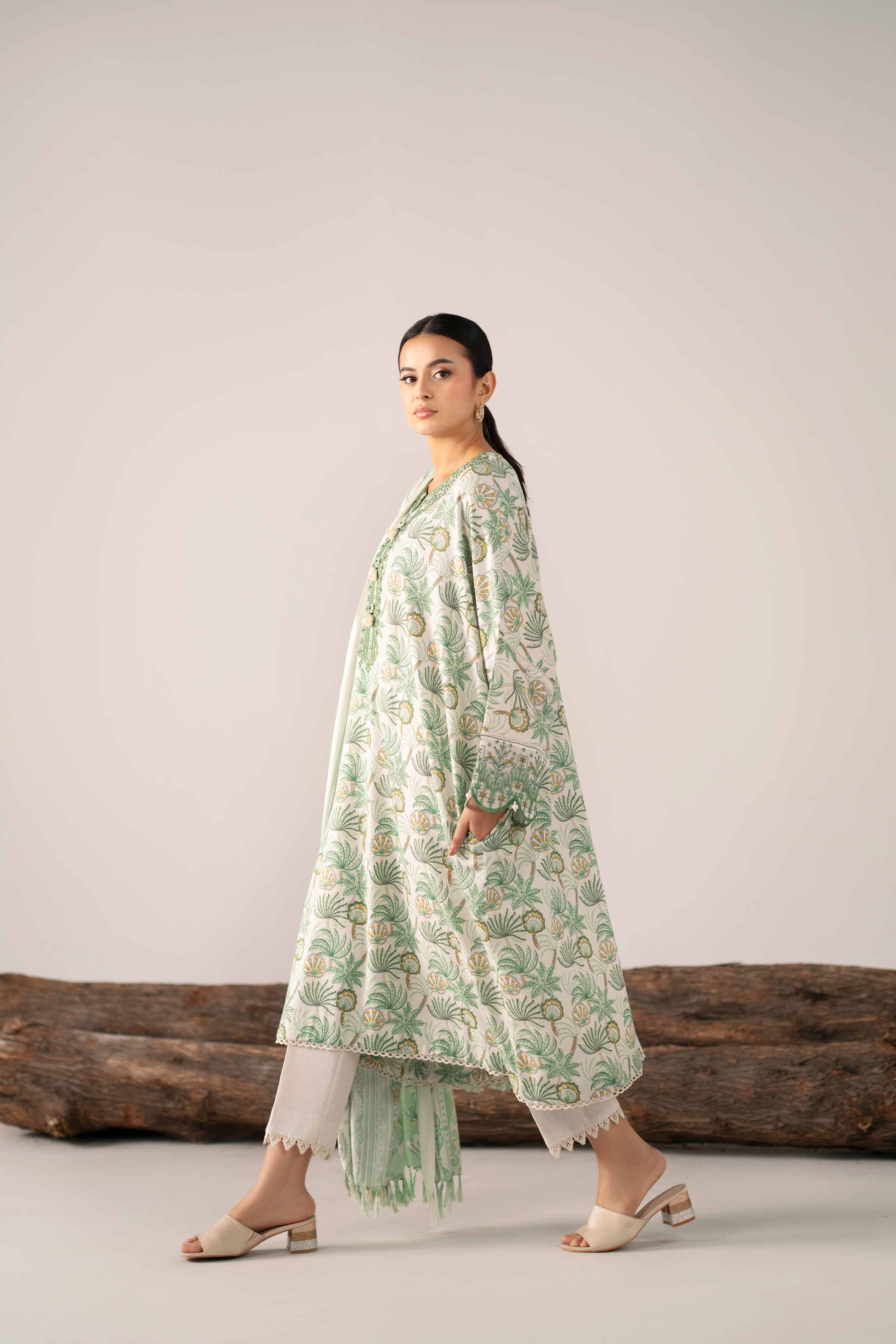 NishatUAE -  Green & Off White Embroidered Karandi 3-piece Unstitched Suit