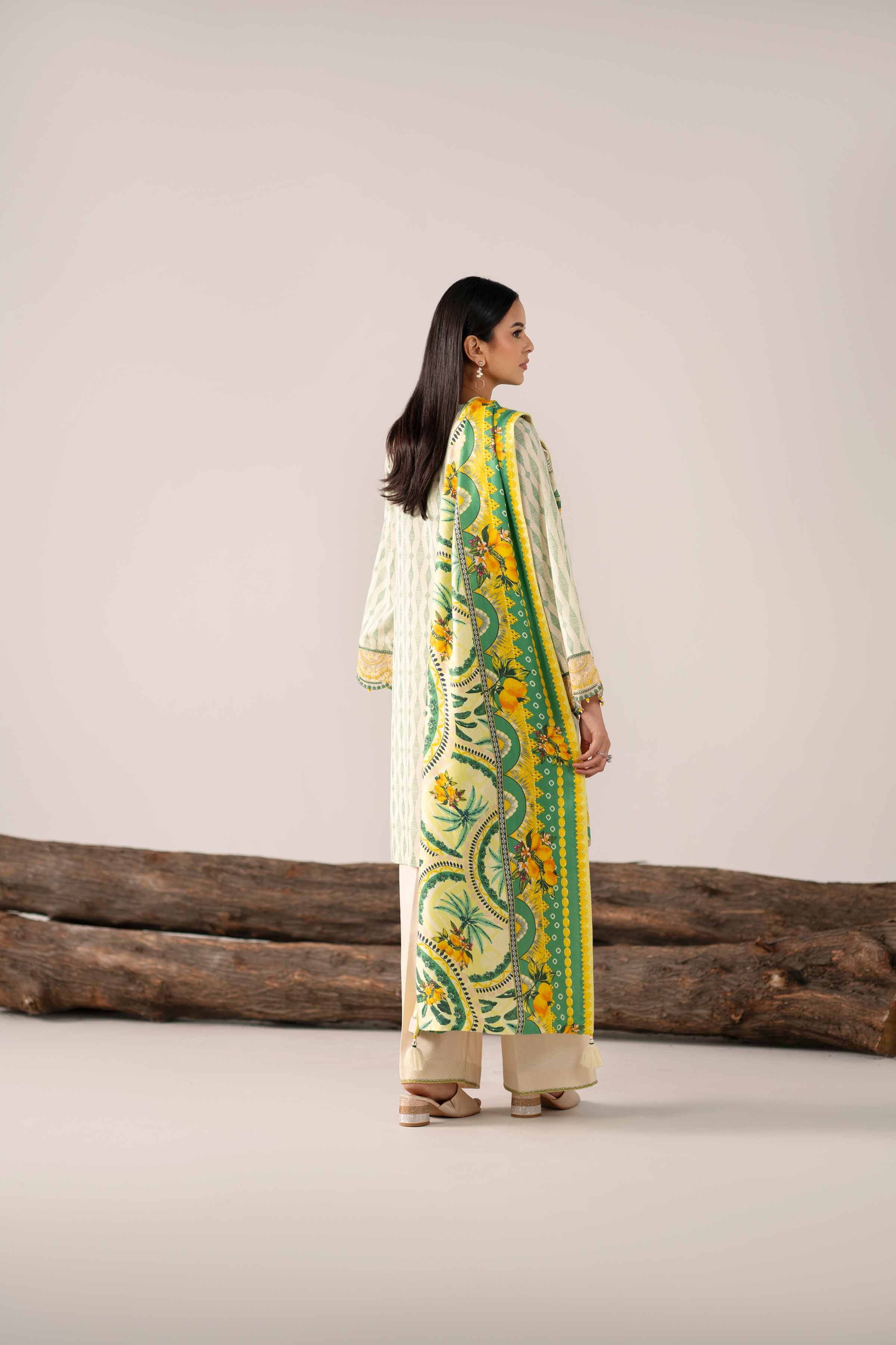 NishatUAE -  Green Yellow & Cream Embroidered Karandi 3-piece Unstitched Suit