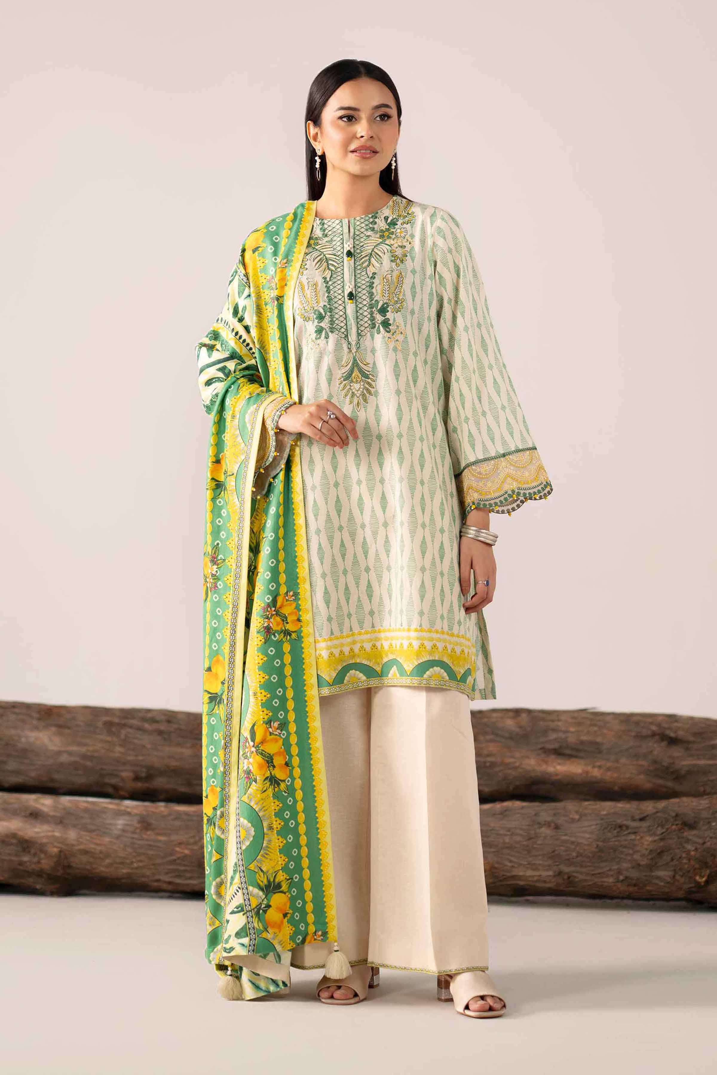 NishatUAE -  Green Yellow & Cream Embroidered Karandi 3-piece Unstitched Suit