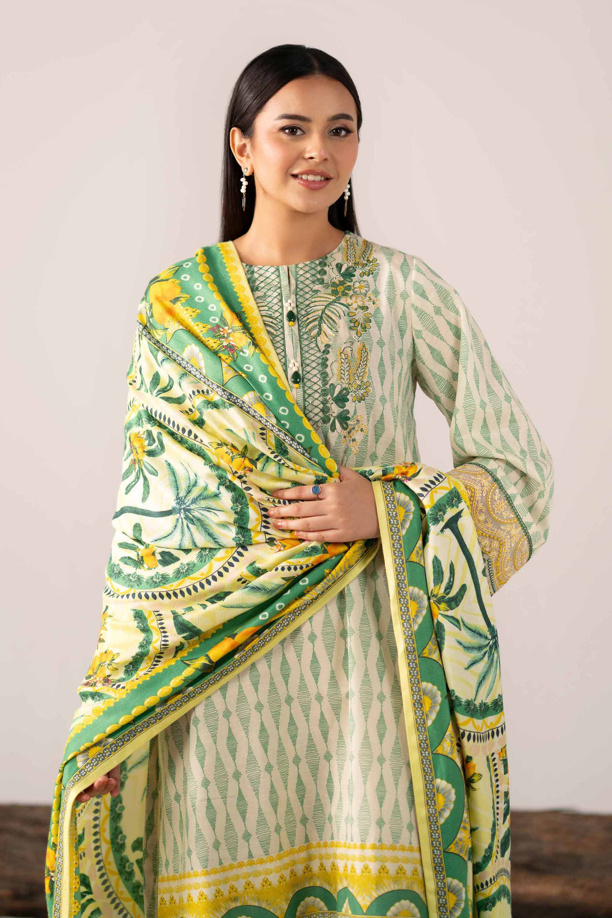 NishatUAE -  Green Yellow & Cream Embroidered Karandi 3-piece Unstitched Suit