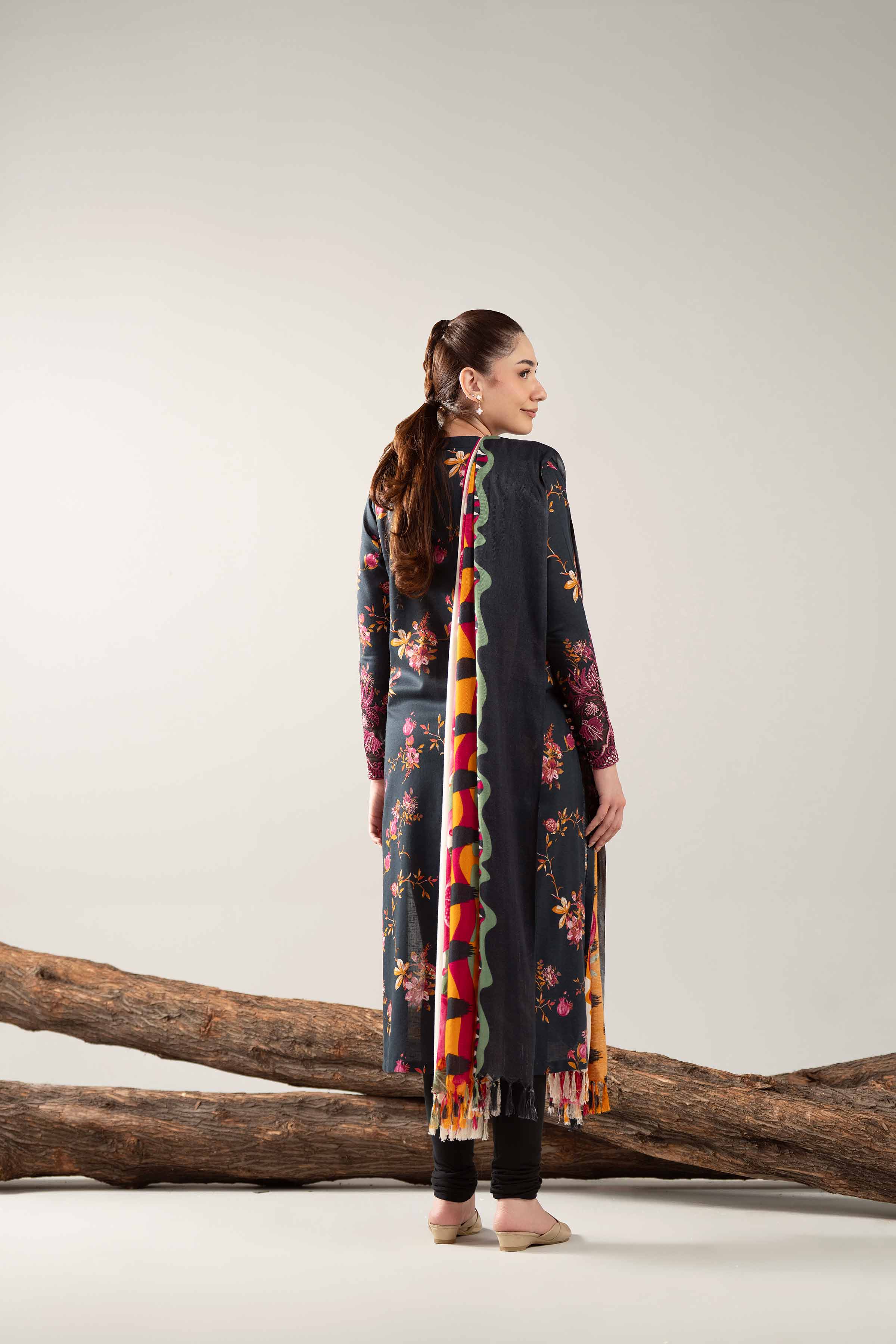 NishatUAE -  Black & Off White Embroidered Karandi 3-piece Unstitched Suit