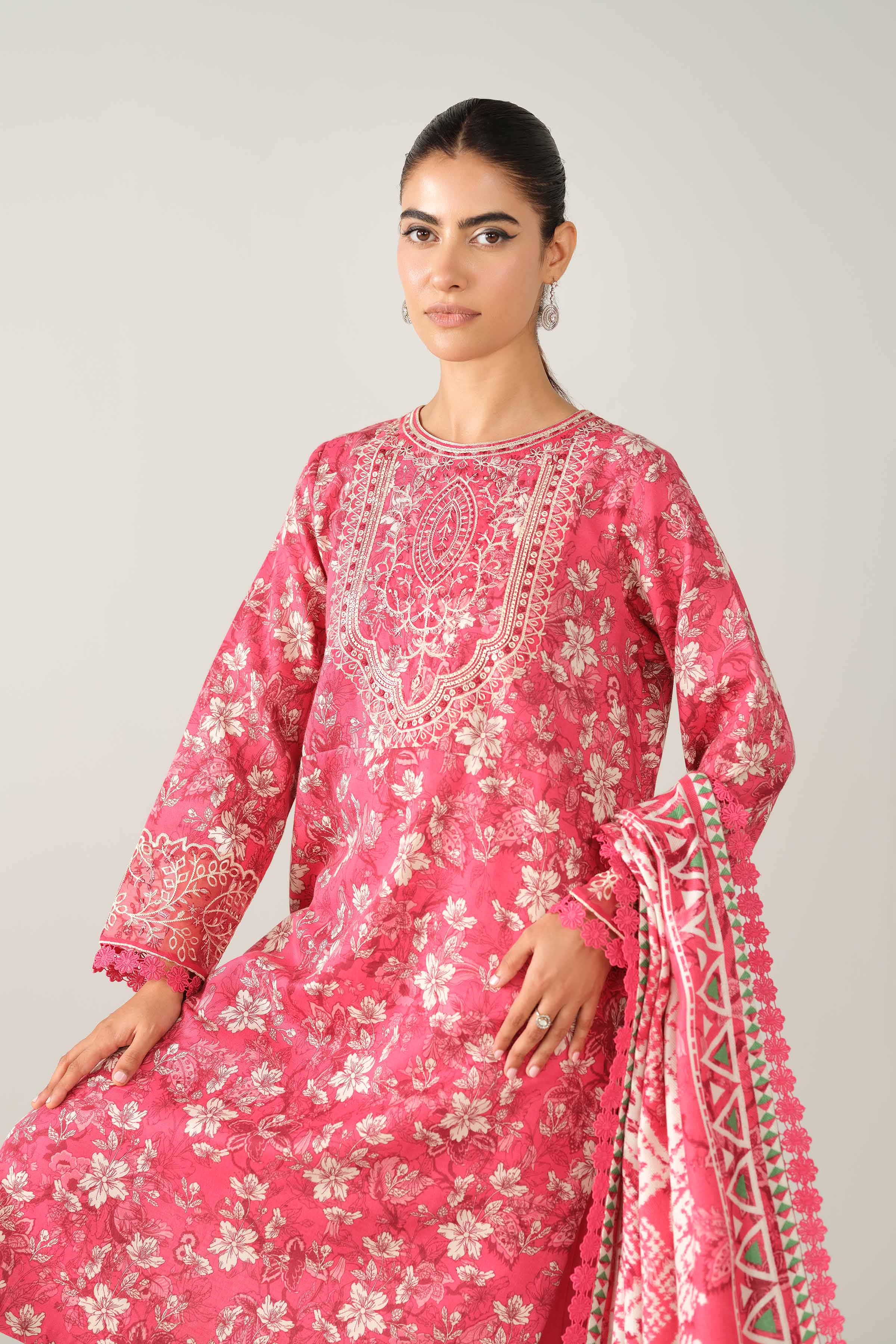 NishatUAE -  Pink Embroidered Karandi 3-piece Unstitched Suit