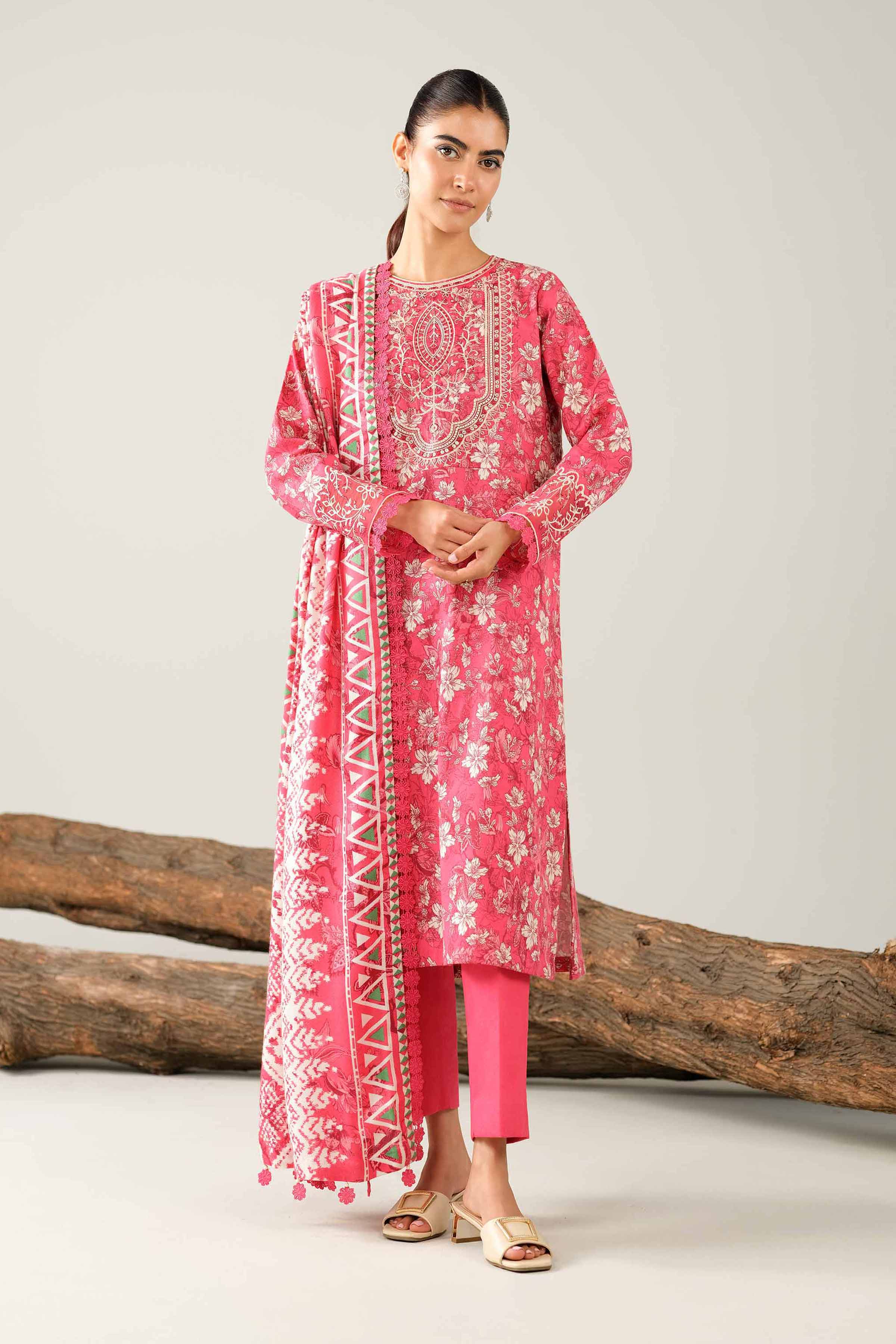 NishatUAE -  Pink Embroidered Karandi 3-piece Unstitched Suit