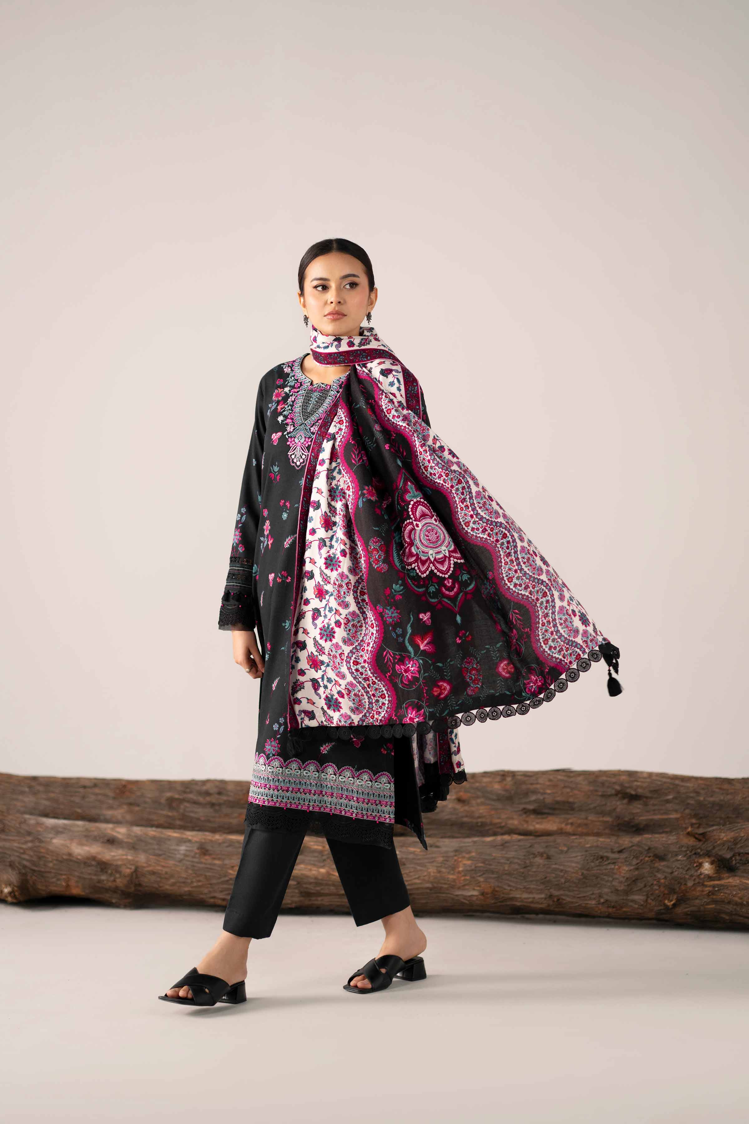 NishatUAE -  Black Embroidered Karandi 3-piece Unstitched Suit