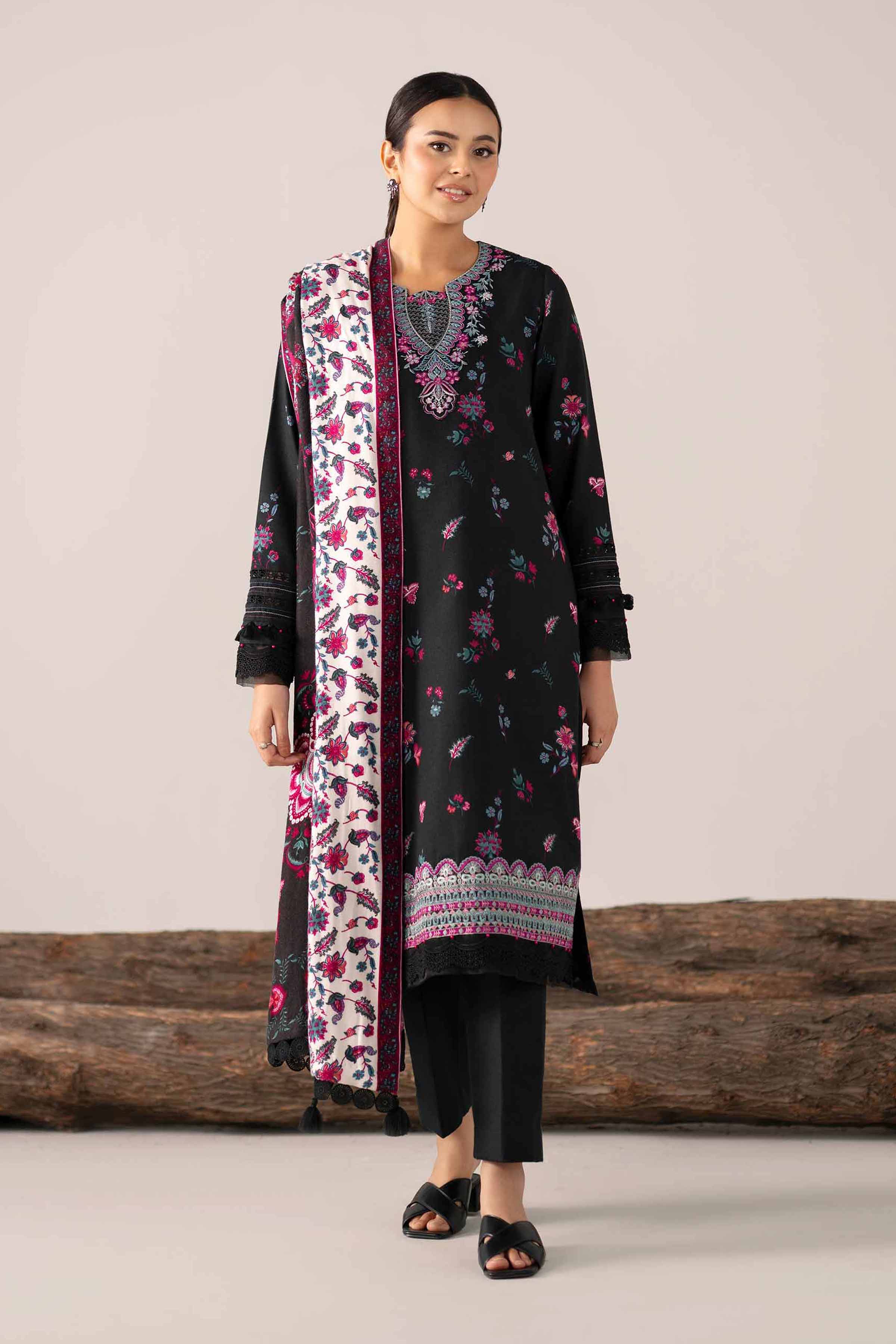 NishatUAE -  Black Embroidered Karandi 3-piece Unstitched Suit