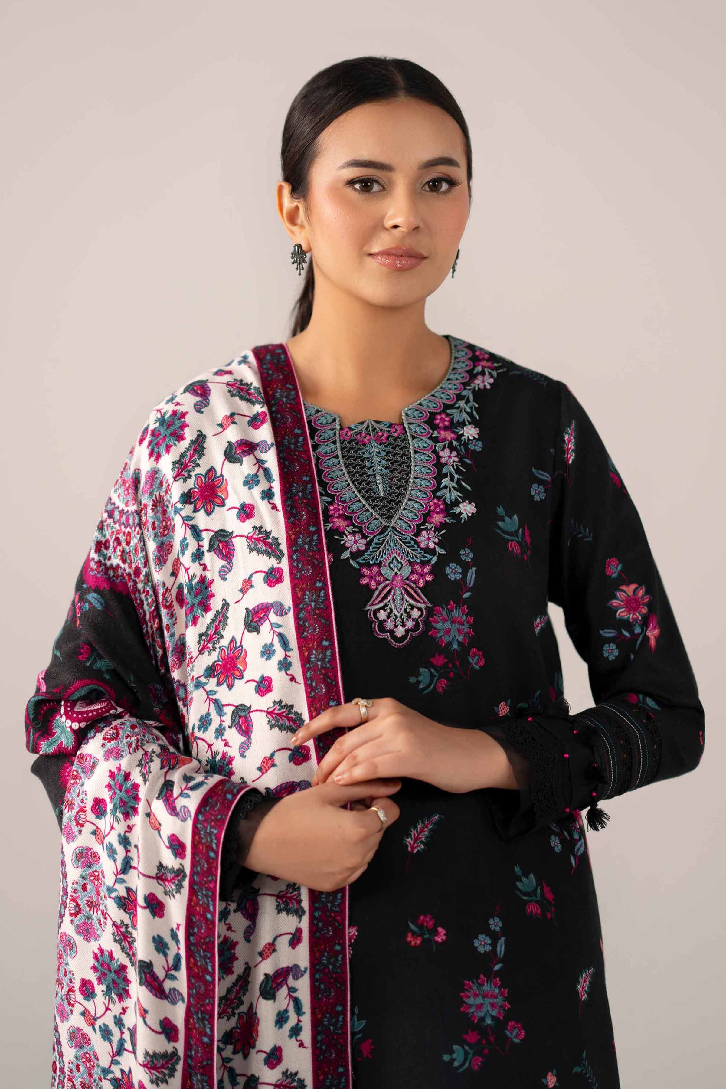 NishatUAE -  Black Embroidered Karandi 3-piece Unstitched Suit