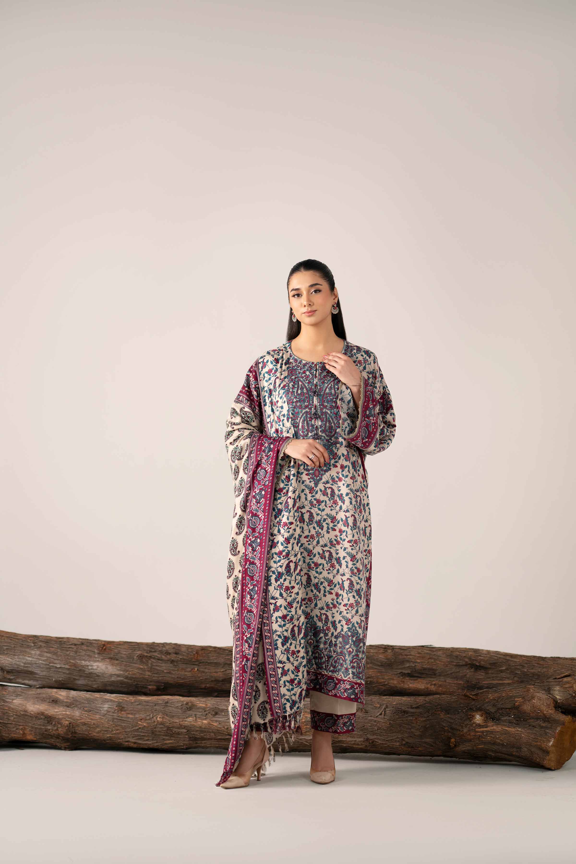 NishatUAE -  Burgundy & Baige Embroidered Karandi 3-piece Unstitched Suit