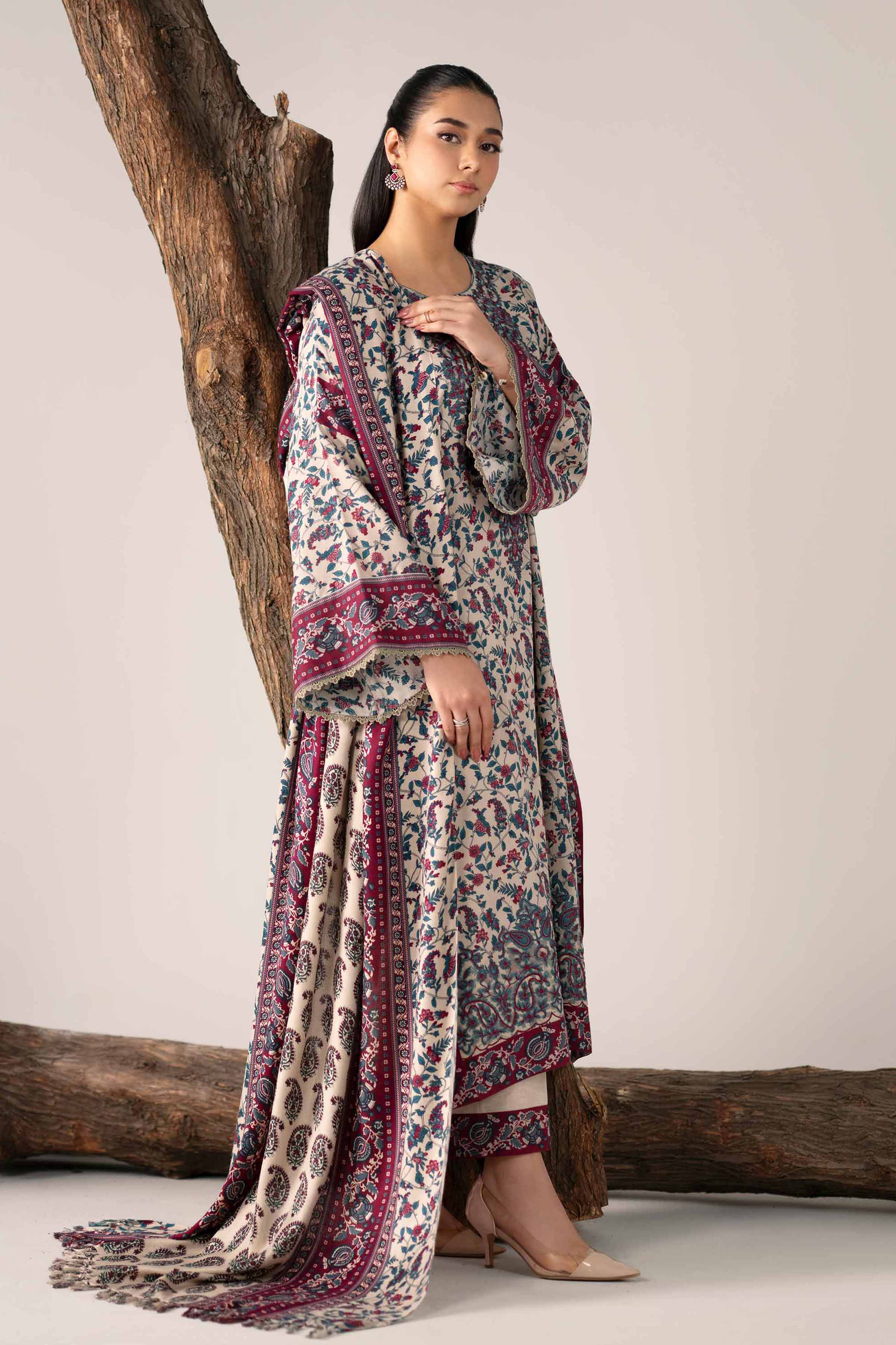 NishatUAE -  Burgundy & Baige Embroidered Karandi 3-piece Unstitched Suit