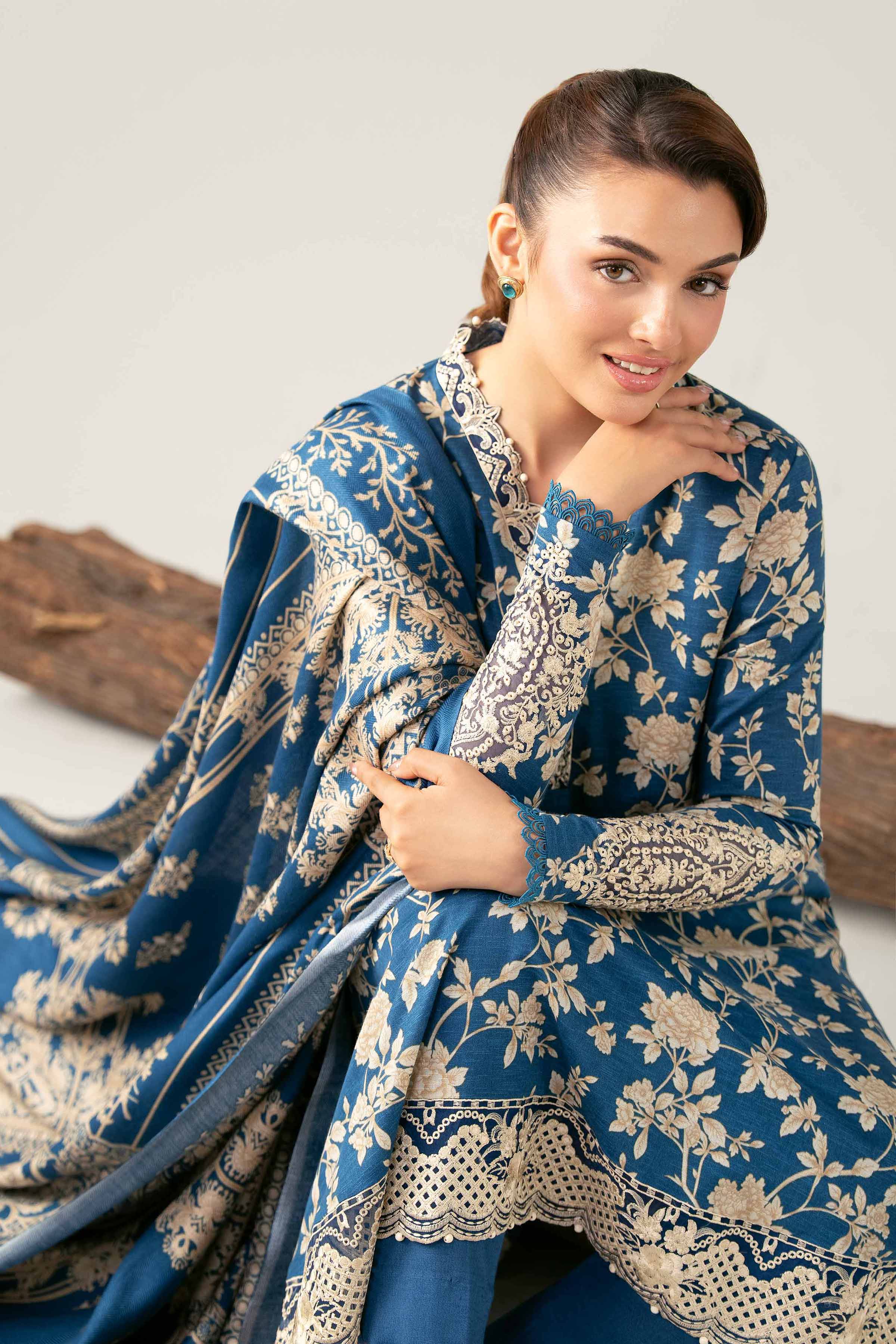 NishatUAE -  Blue & Beige Embroidered Karandi 3-piece Unstitched Suit
