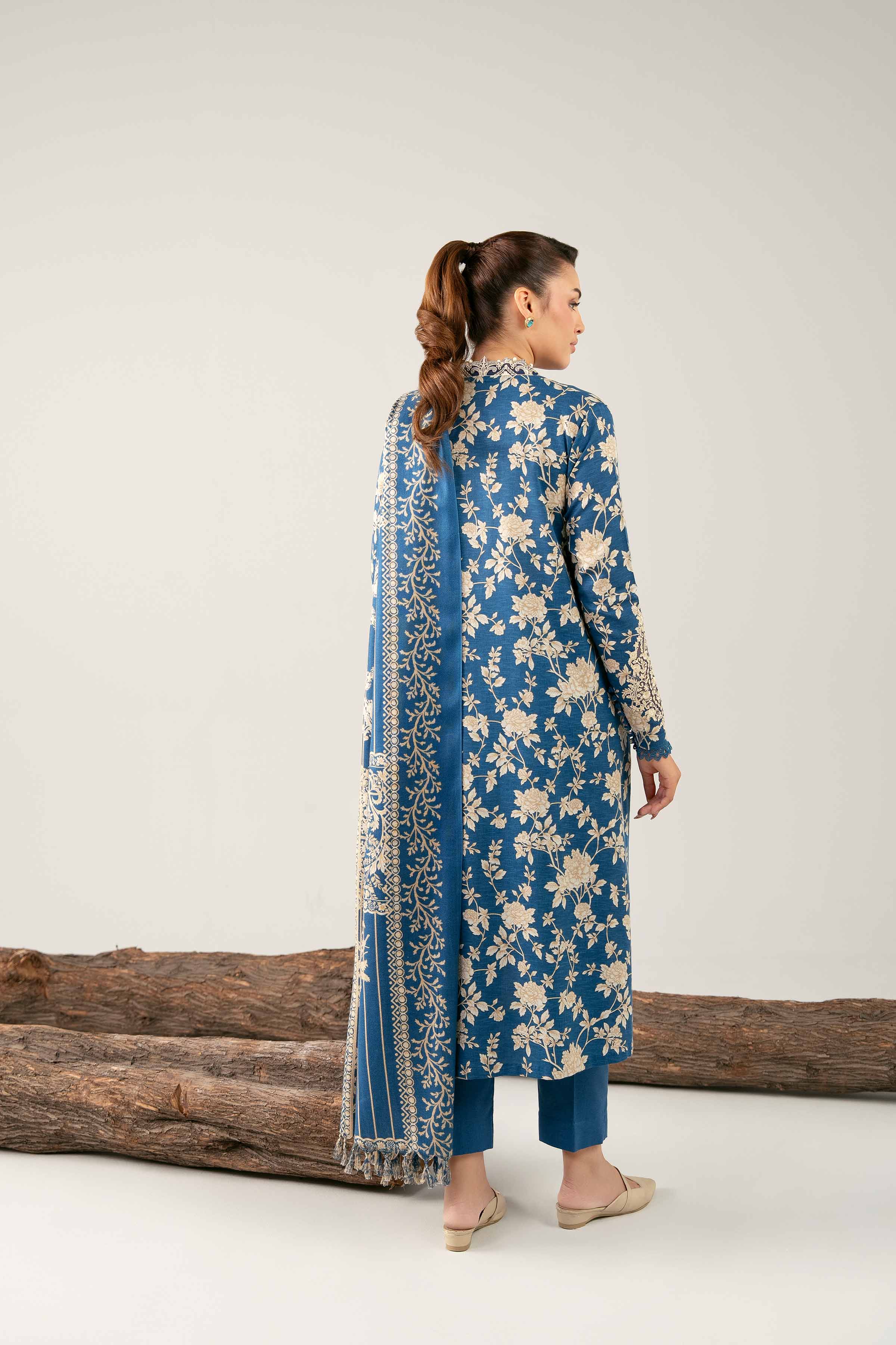 NishatUAE -  Blue & Beige Embroidered Karandi 3-piece Unstitched Suit