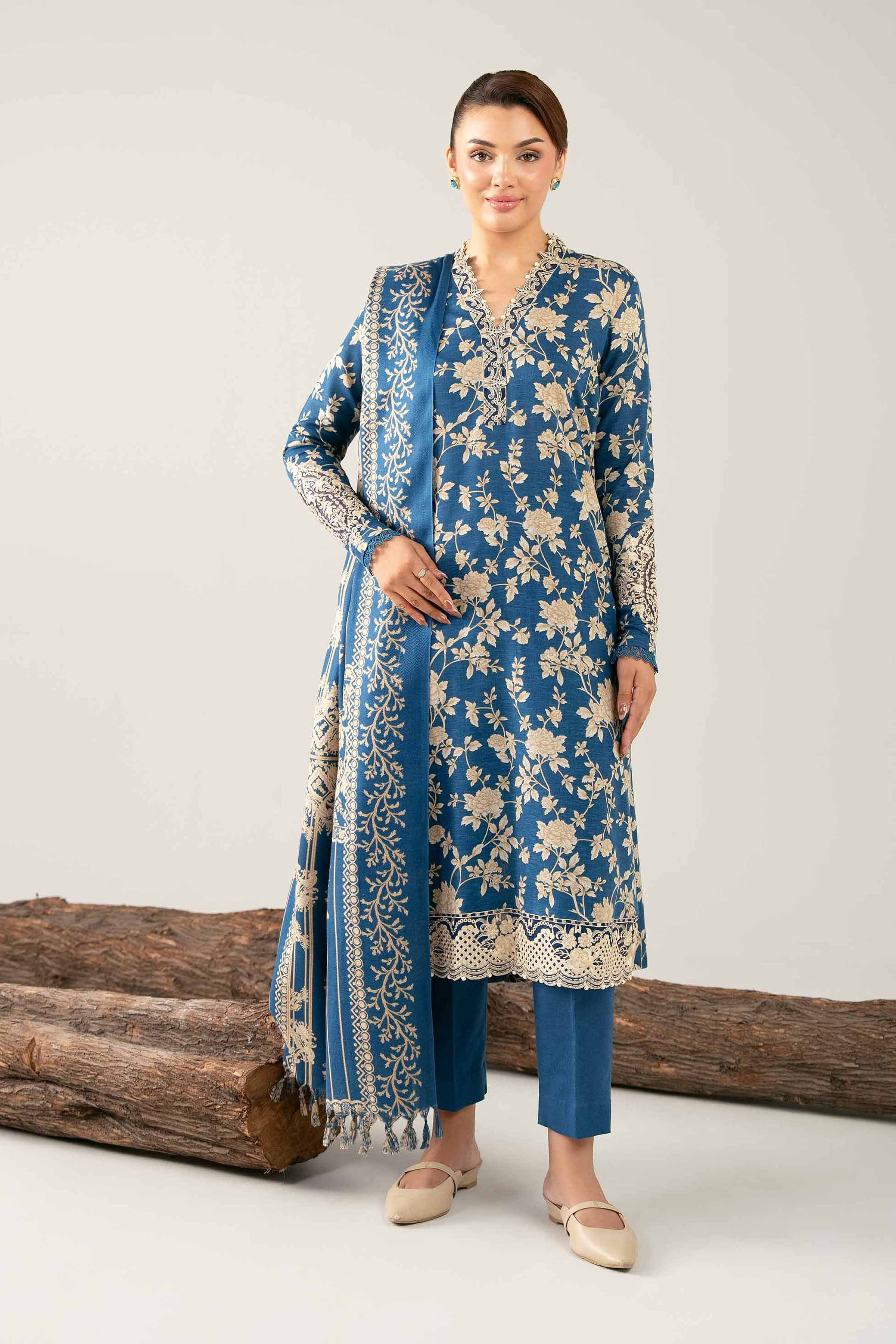 NishatUAE -  Blue & Beige Embroidered Karandi 3-piece Unstitched Suit