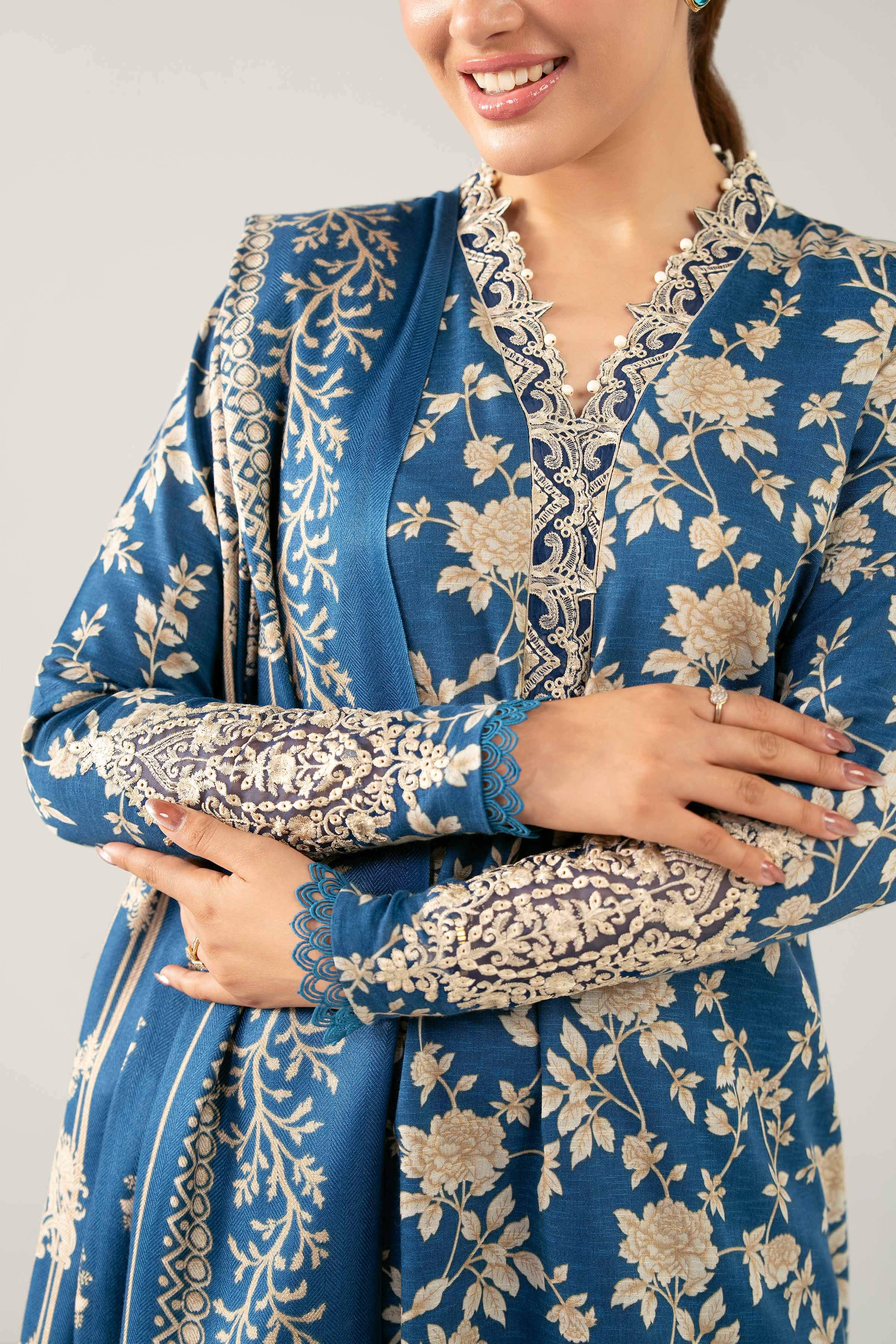 NishatUAE -  Blue & Beige Embroidered Karandi 3-piece Unstitched Suit