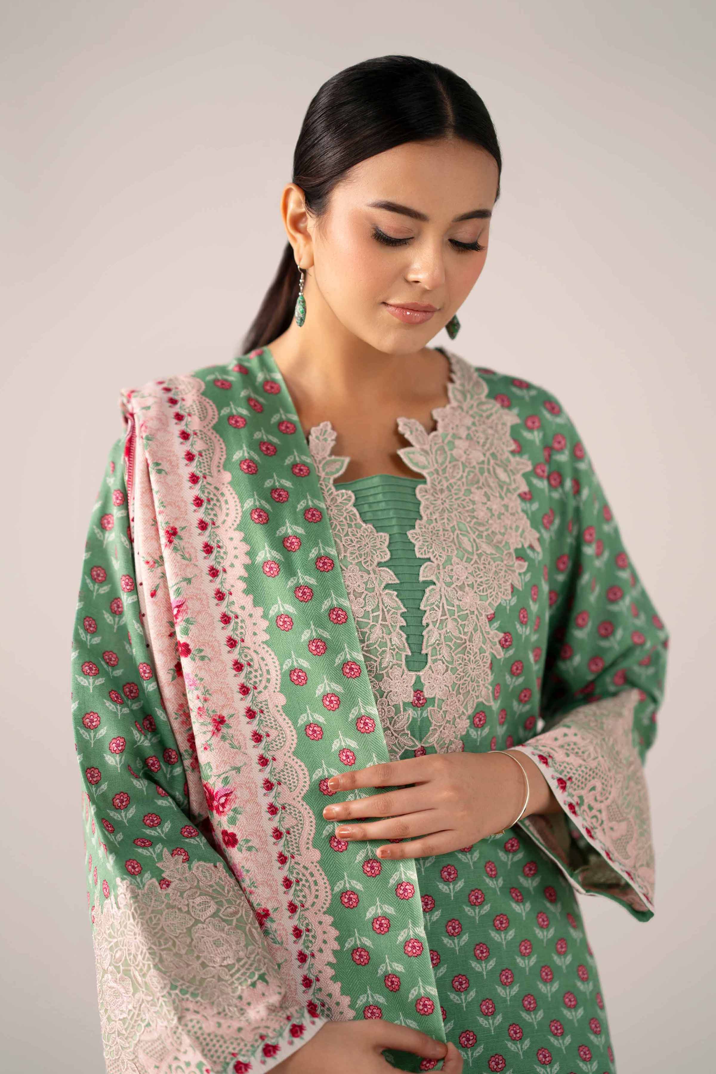 NishatUAE -  Green & Pastel Peach Embroidered Khaddar 3-piece Unstitched Suit